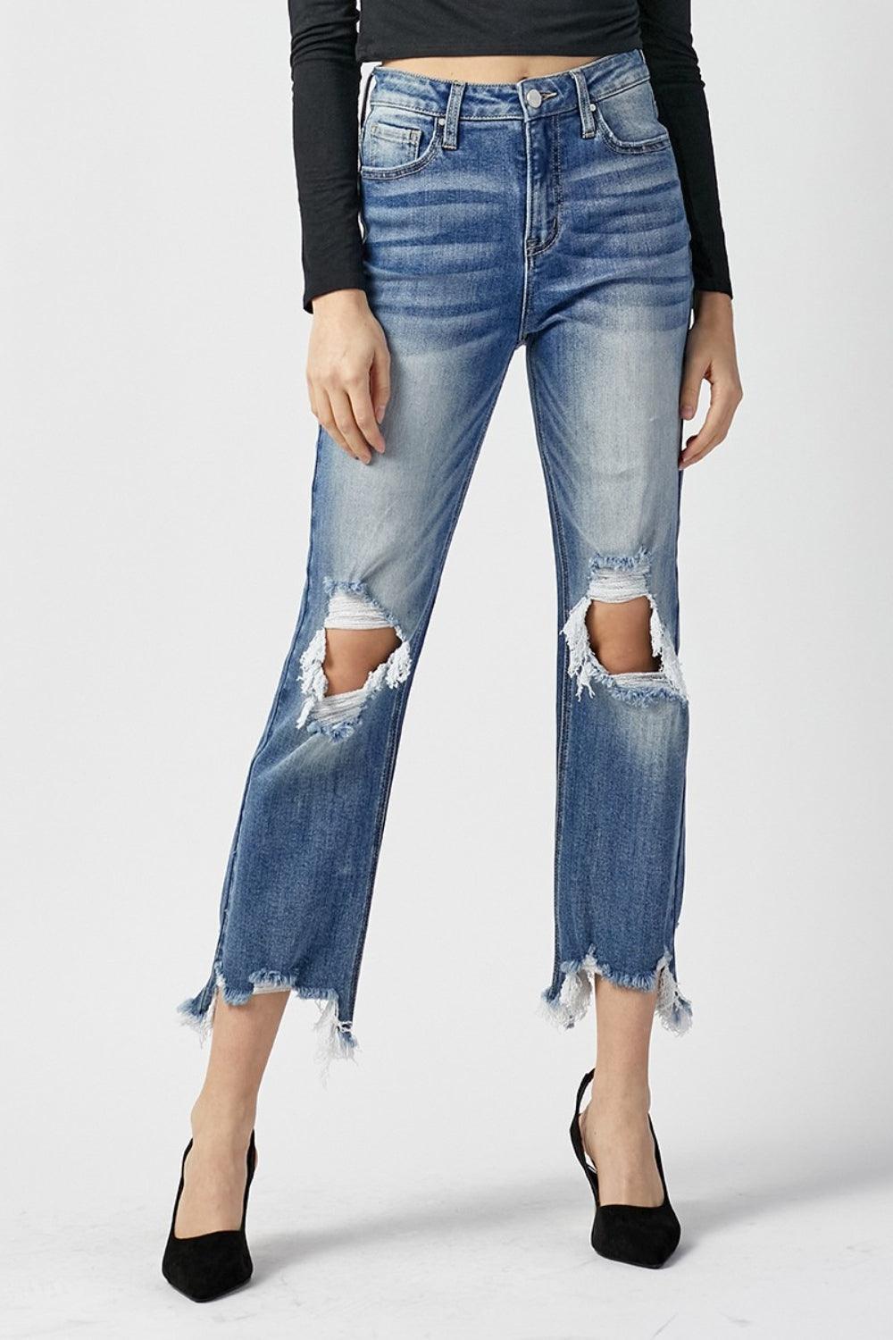 RISEN High Waist Distressed Frayed Hem Cropped Straight Jeans - ClubOn