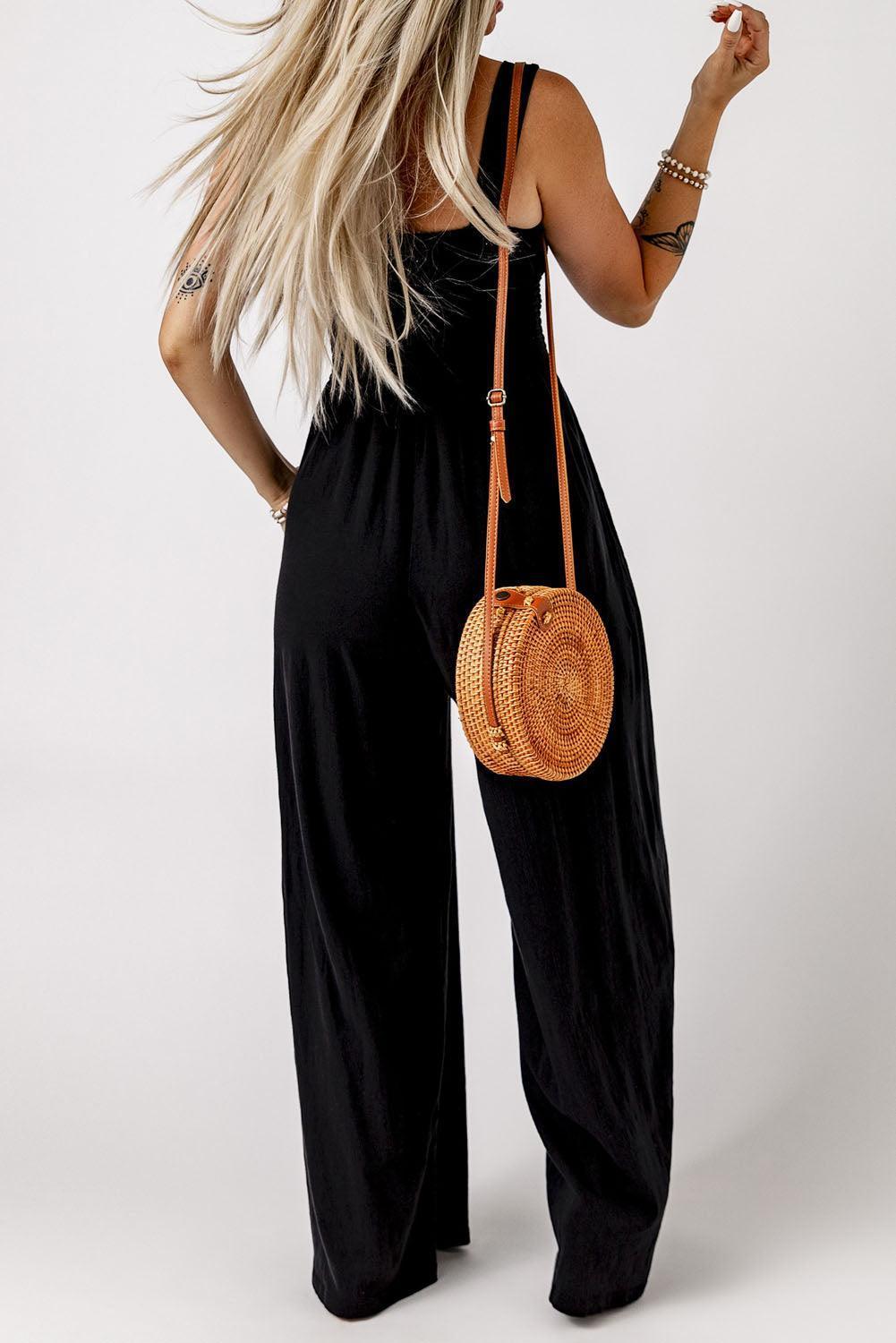 Smocked Square Neck Wide Leg Jumpsuit with Pockets - ClubOn