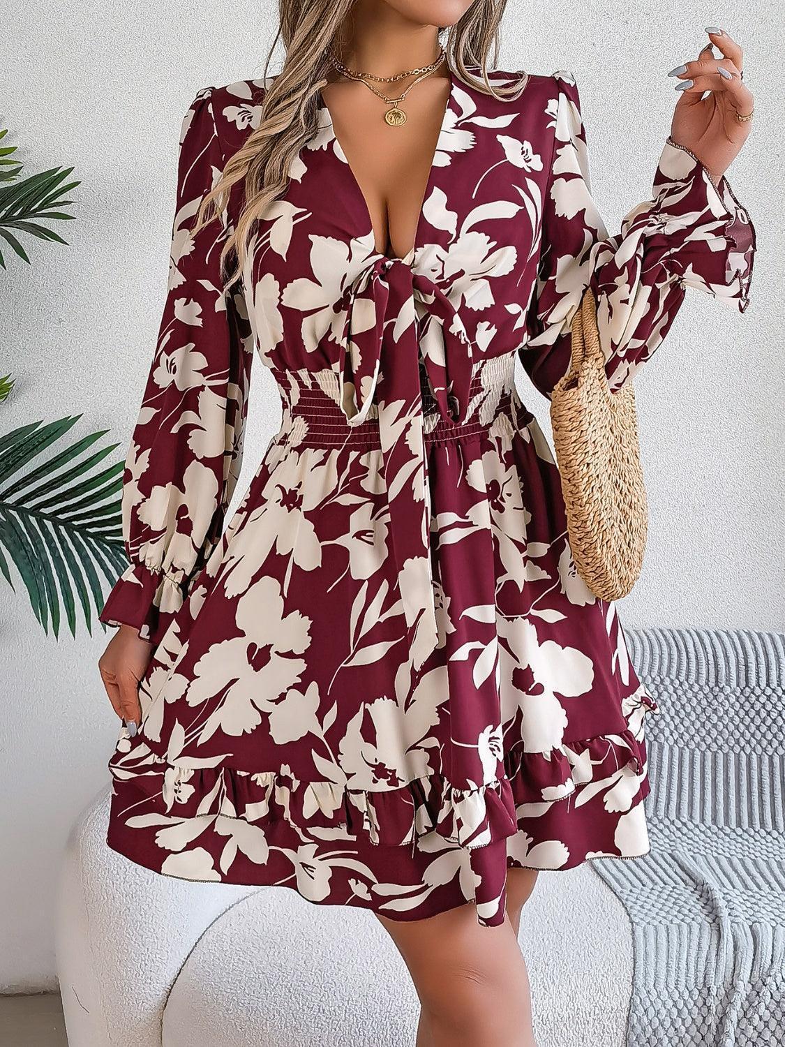 Tied Ruffled Printed Long Sleeve Dress - ClubOn