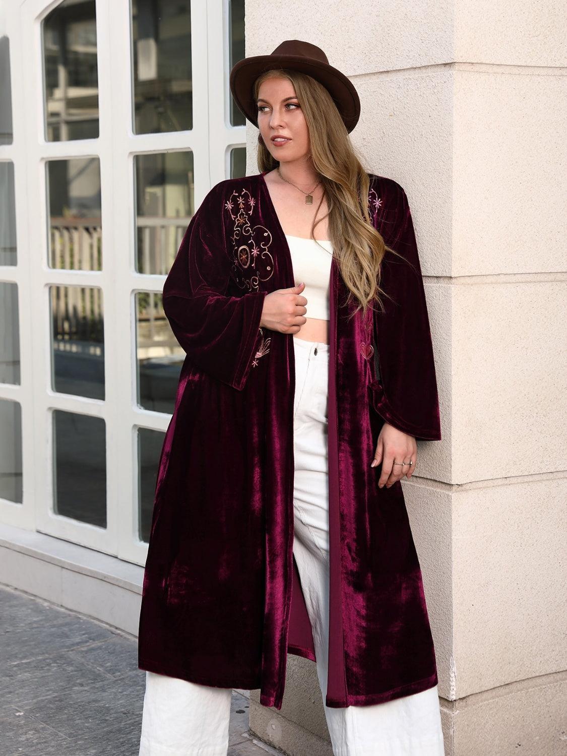 Plus Size Printed Open Front Long Sleeve Cardigan - ClubOn