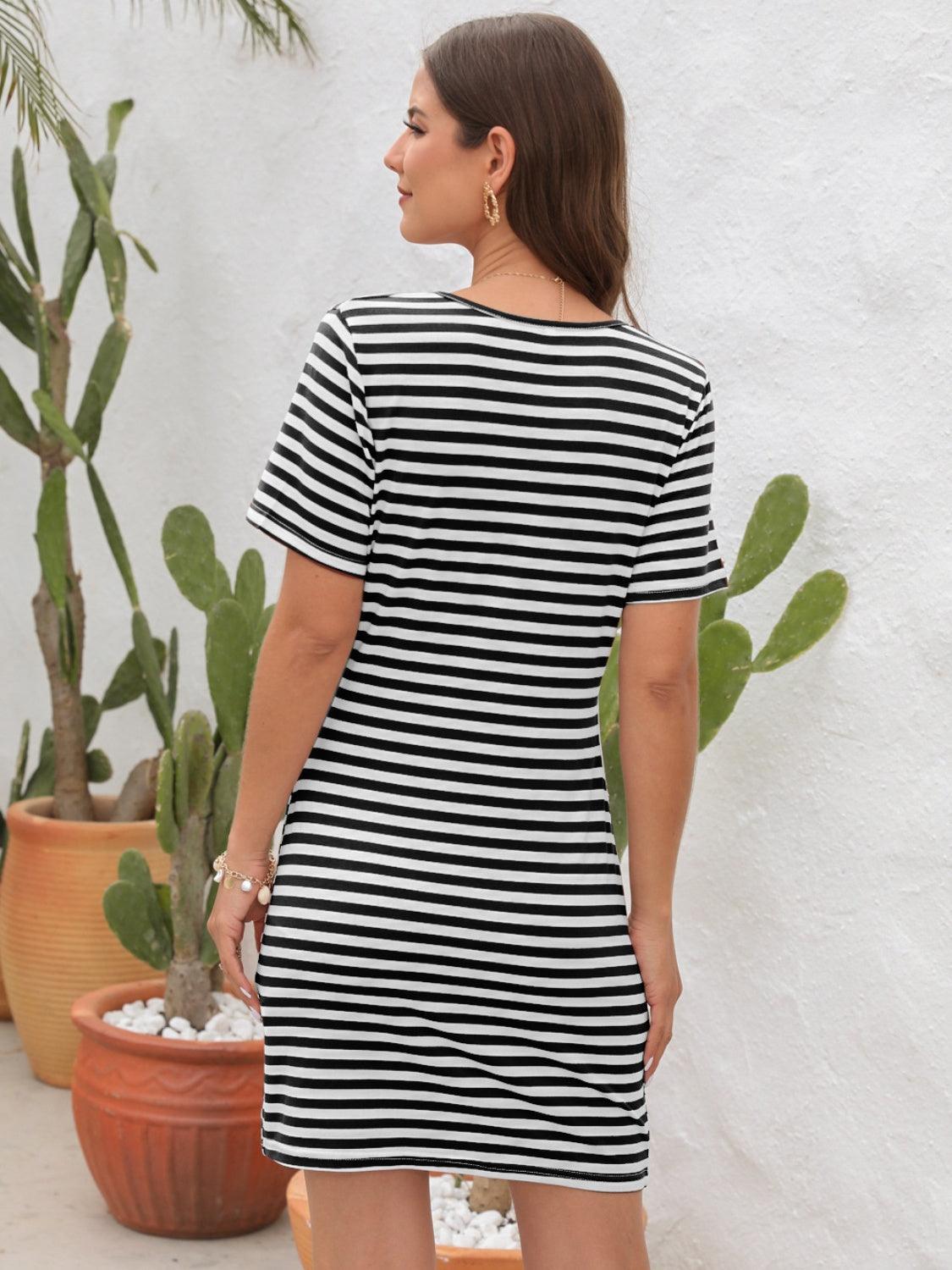 Cutout Striped Round Neck Short Sleeve Dress - ClubOn