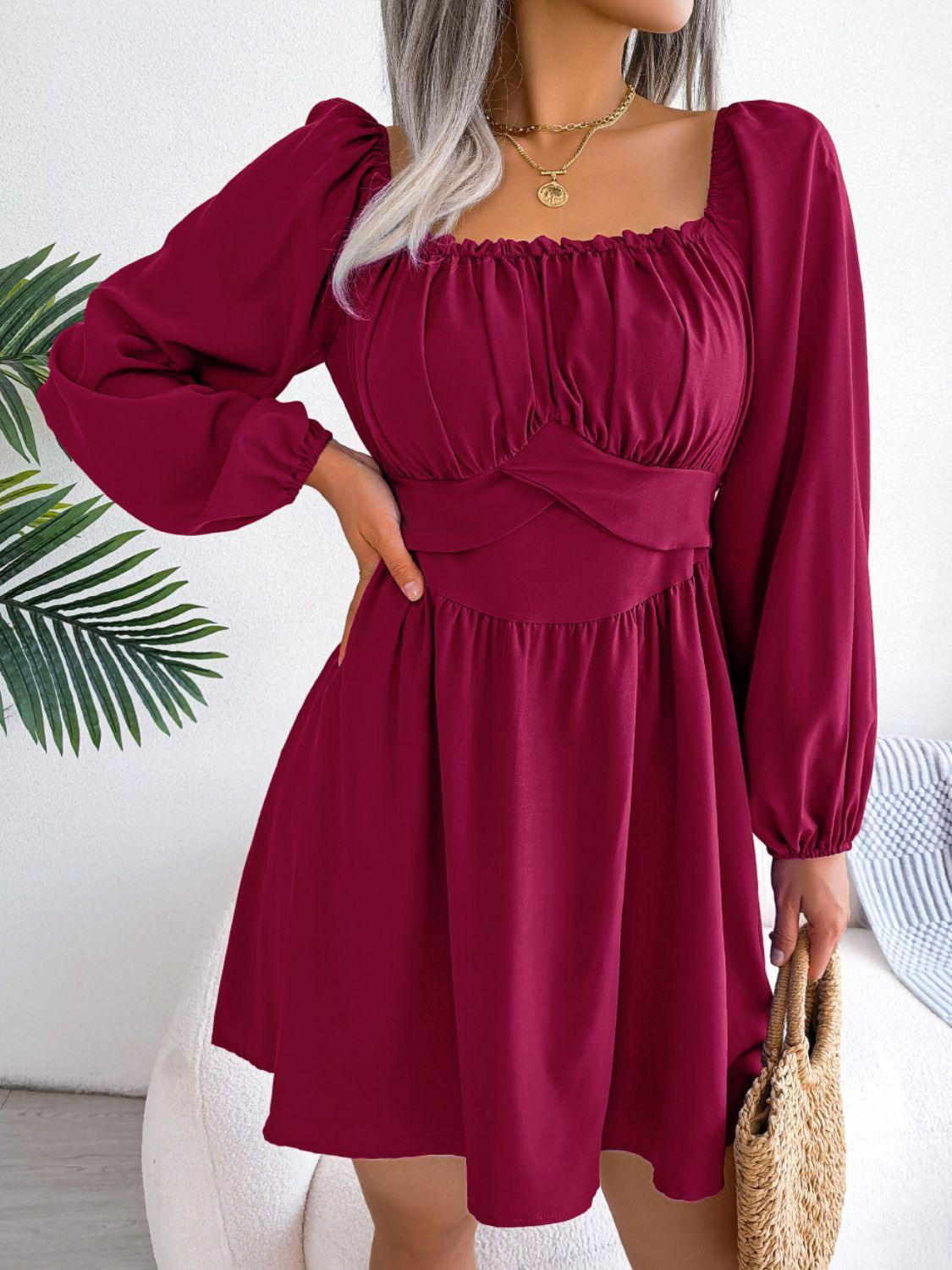 Tied Square Neck Balloon Sleeve Dress - ClubOn