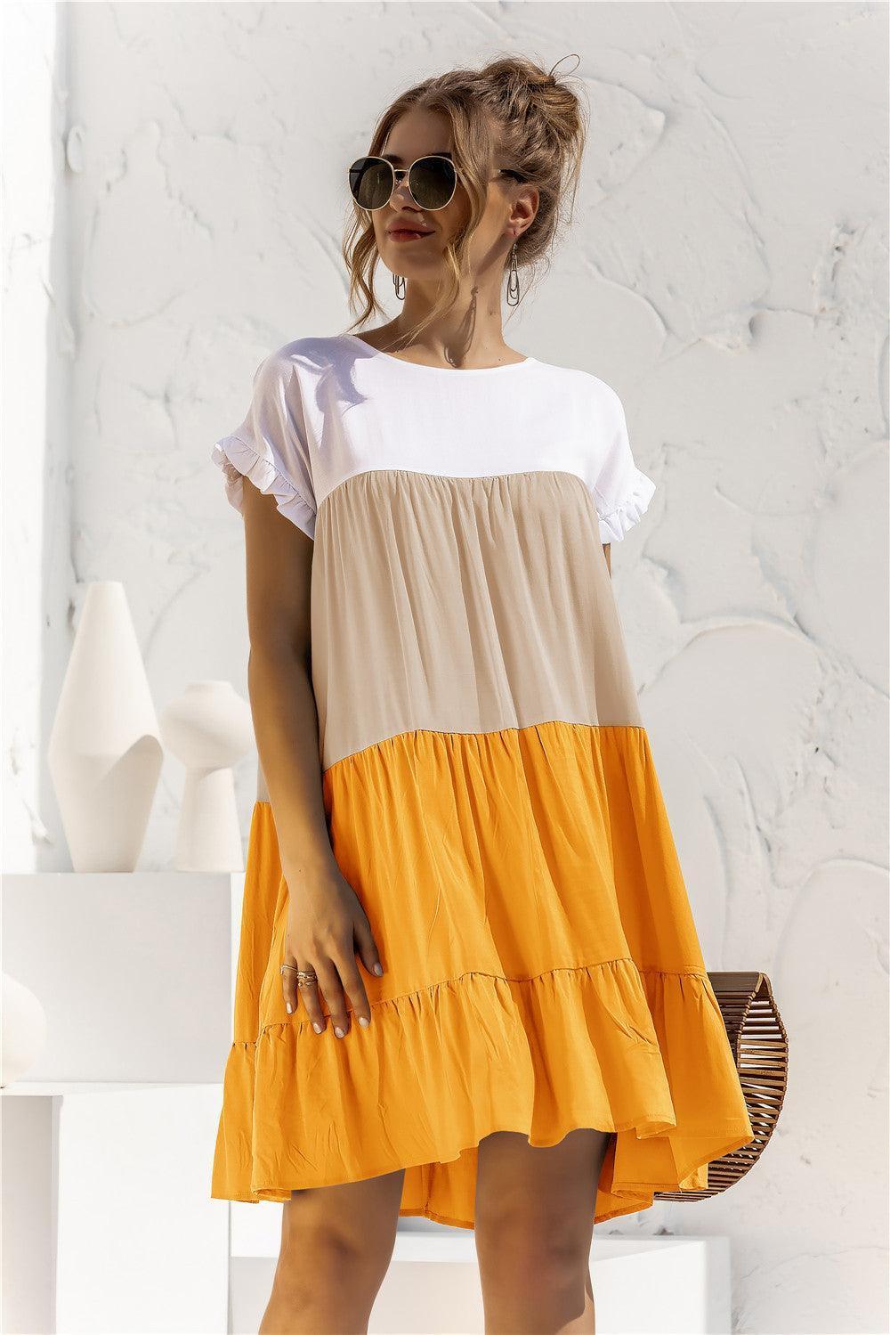 Color Block Round Neck Ruffle Hem Dress - ClubOn