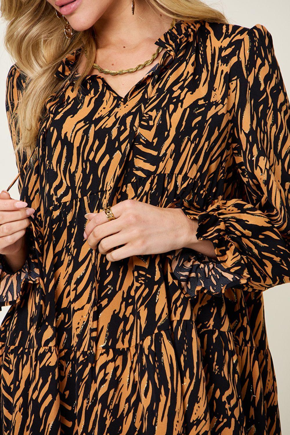 Double Take Full Size Printed Ruffle Hem Long Sleeve Dress - ClubOn