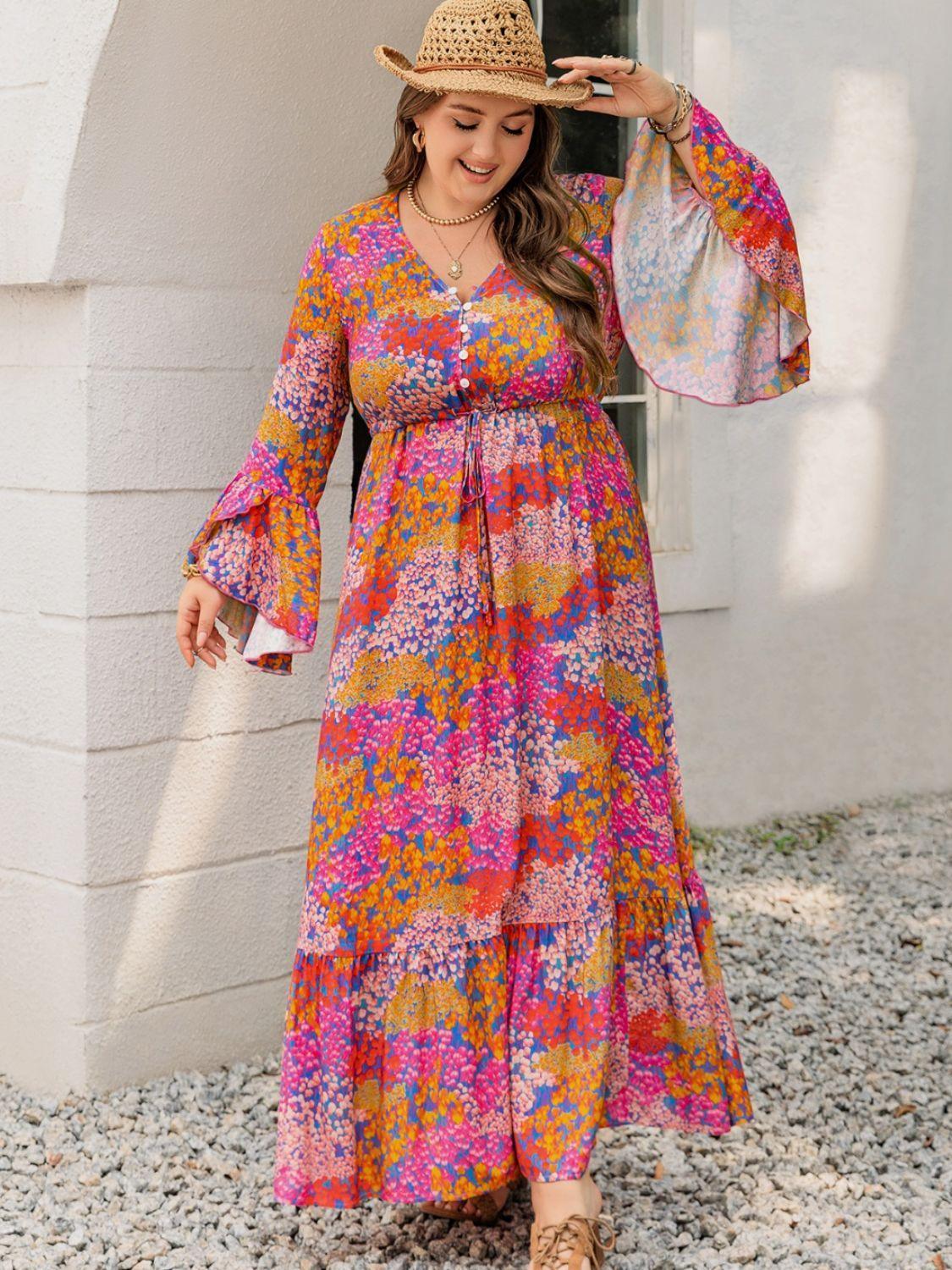 Plus Size Printed V-Neck Long Sleeve Maxi Dress - ClubOn