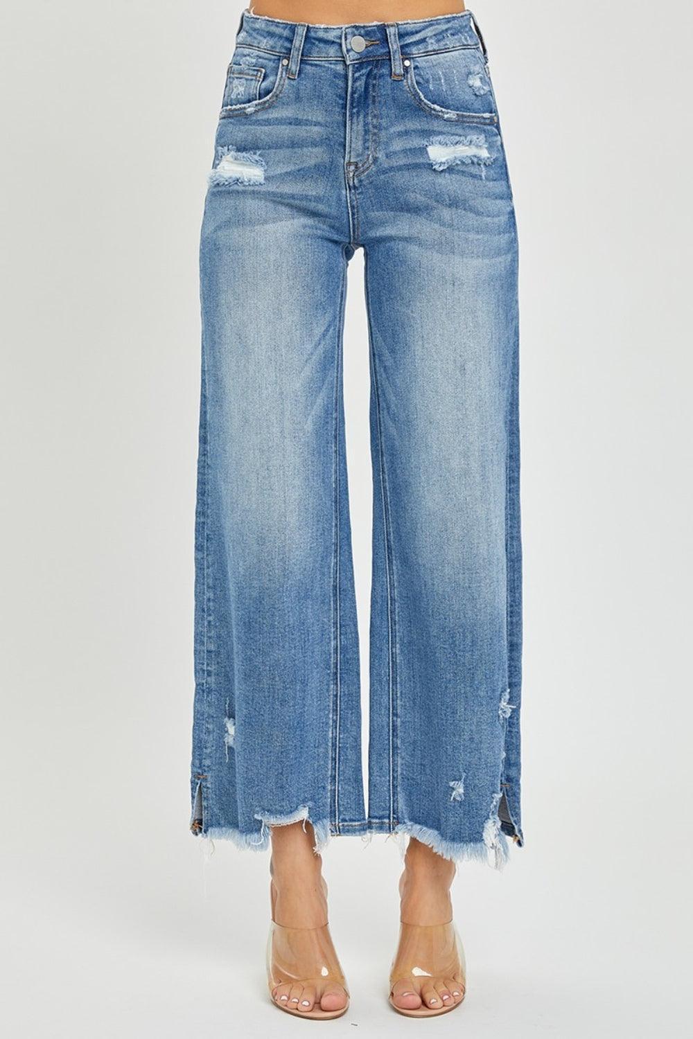 RISEN High Rise Side Slit Raw Hem Cropped Jeans - ClubOn