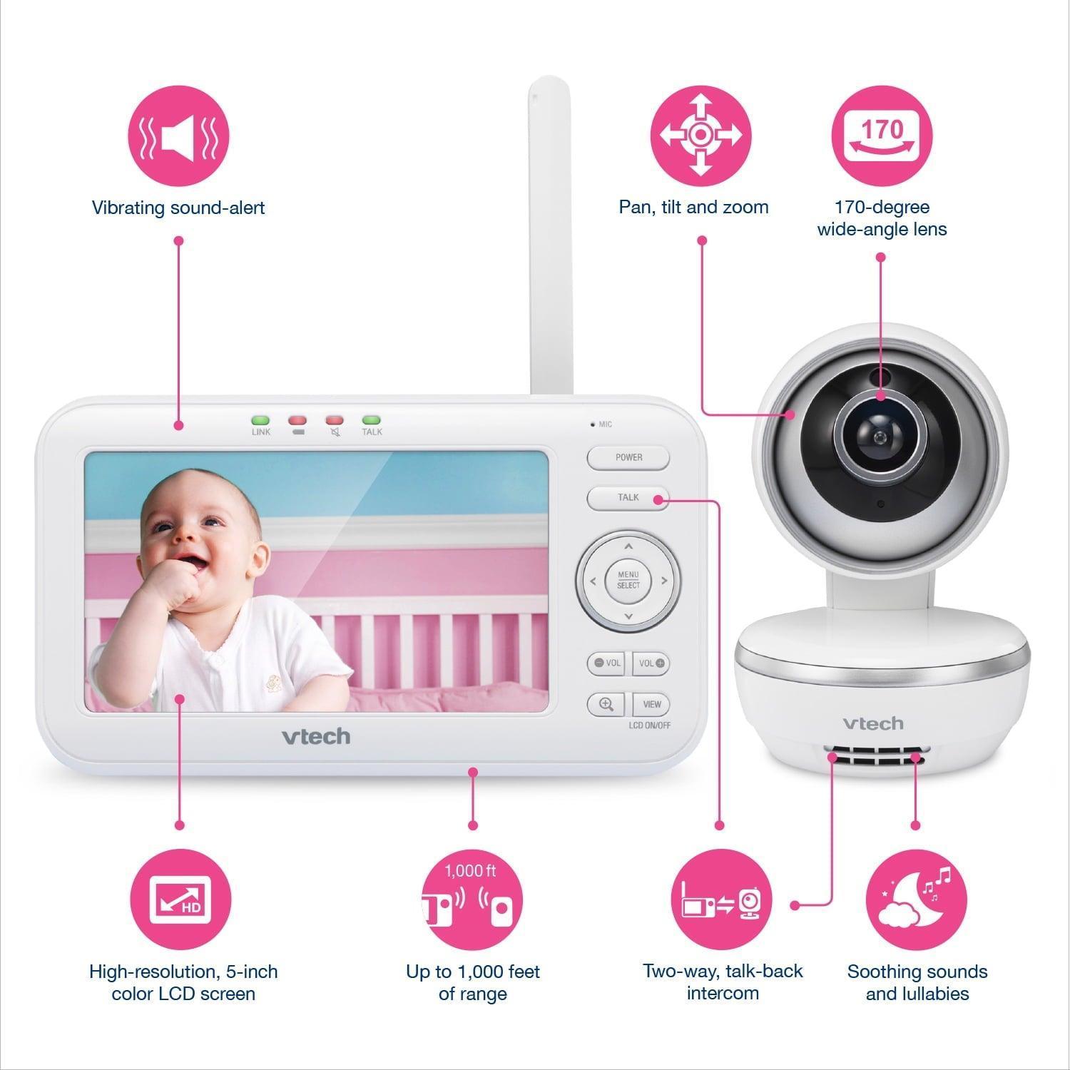 VTech VM5261 5” Digital Video Baby Monitor with Pan & Tilt Camera, Wide-Angle & Standard Lenses, White - ClubOn