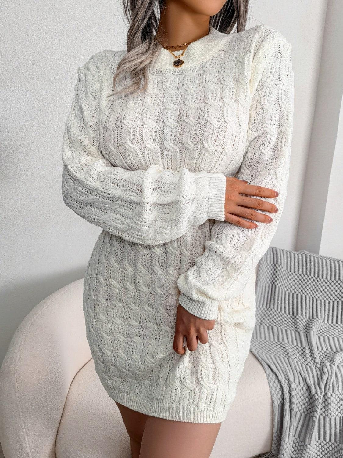Cable-Knit Round Neck Mini Wrap Sweater Dress - ClubOn
