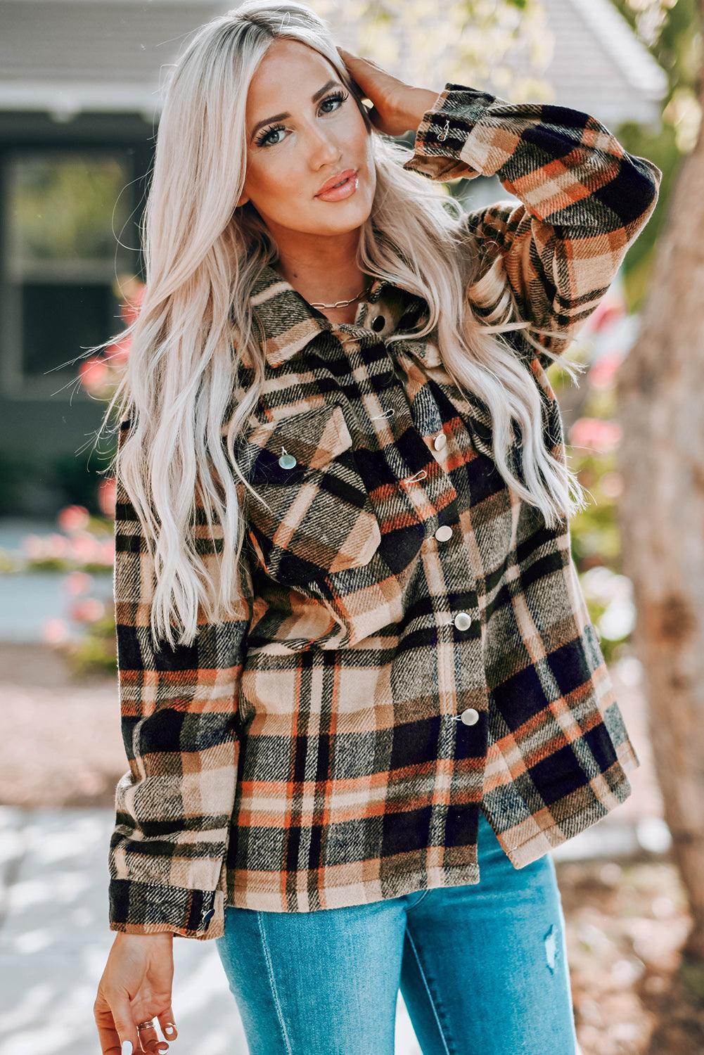 Double Take Plaid Button Front Shirt Jacket with Breast Pockets - ClubOn