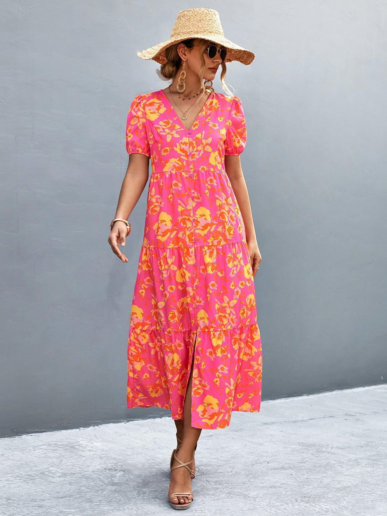 V-Neck Short Sleeve High Slit Midi Dress - ClubOn