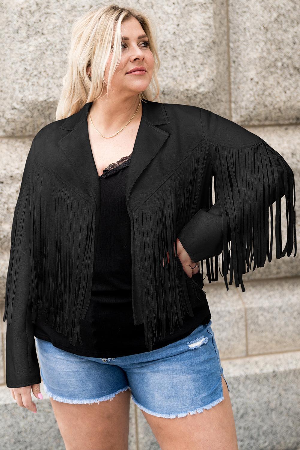 Plus Size Fringe Open Front Jacket - ClubOn