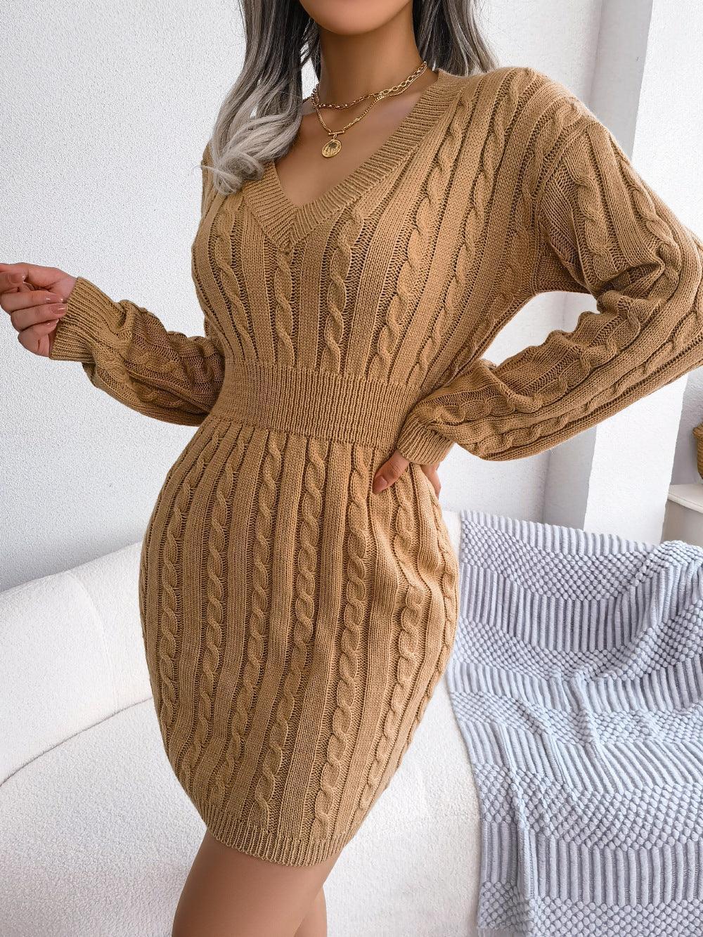 Cable-Knit V-Neck Mini Sweater Dress - ClubOn