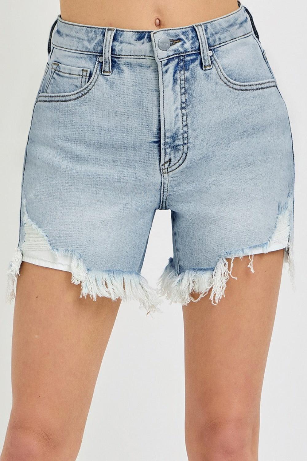 RISEN High Rise Side Step Hem Denim Shorts - ClubOn