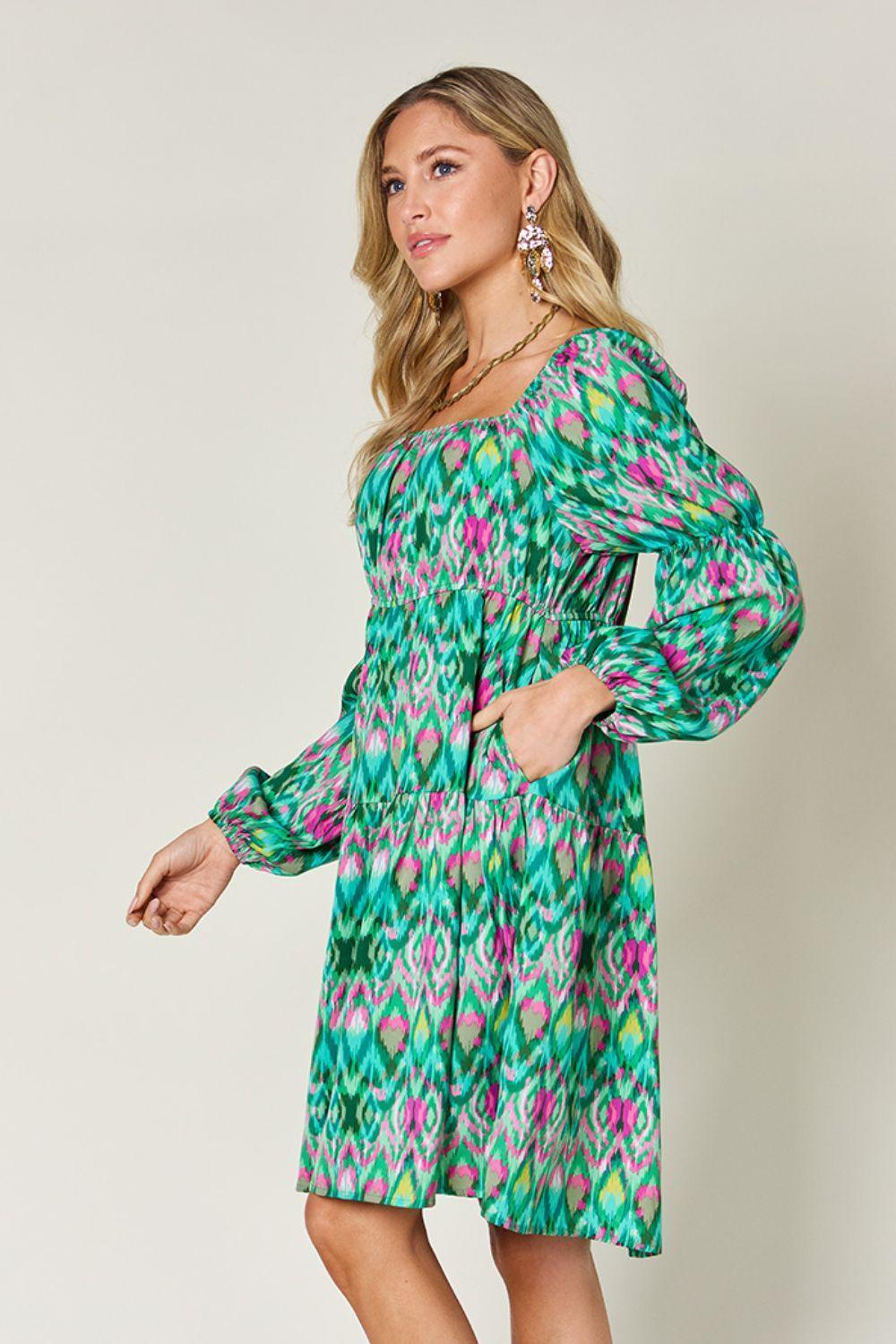 Double Take Full Size Printed Long Sleeve Dress - ClubOn