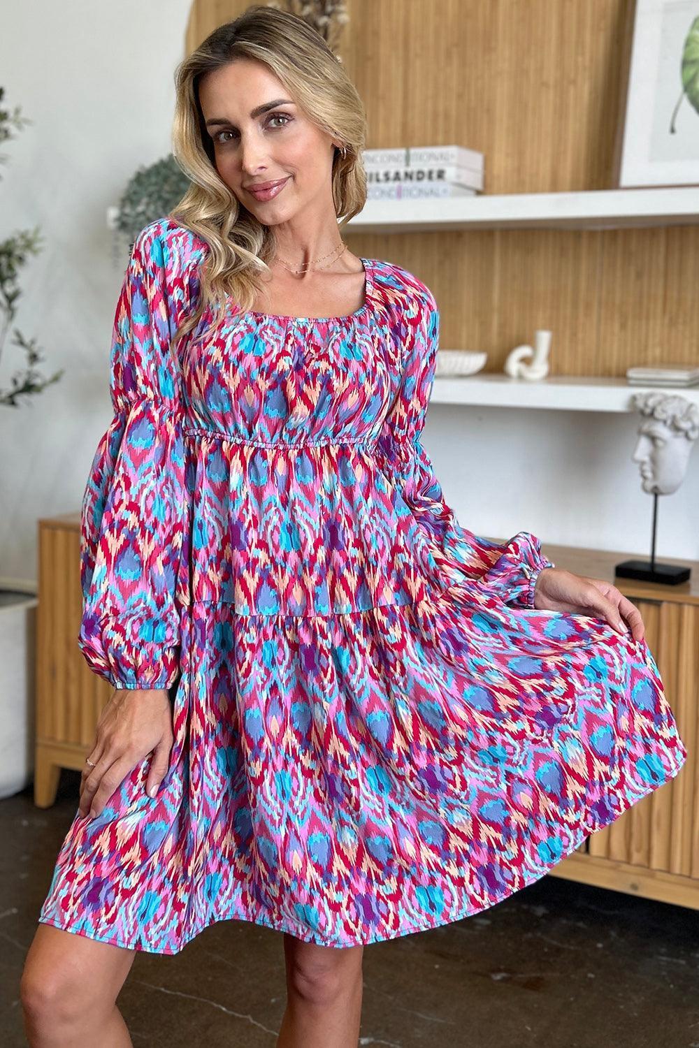 Double Take Full Size Printed Long Sleeve Dress - ClubOn