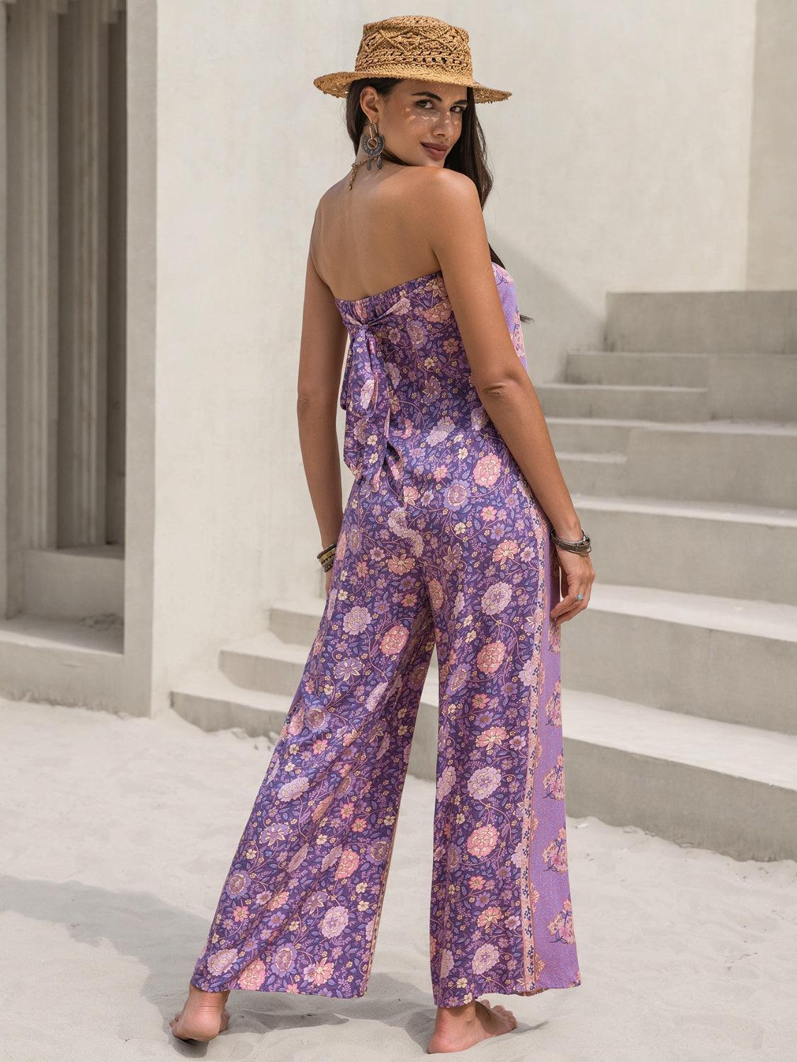 Tied Printed Tube Wide Leg Jumpsuit - ClubOn