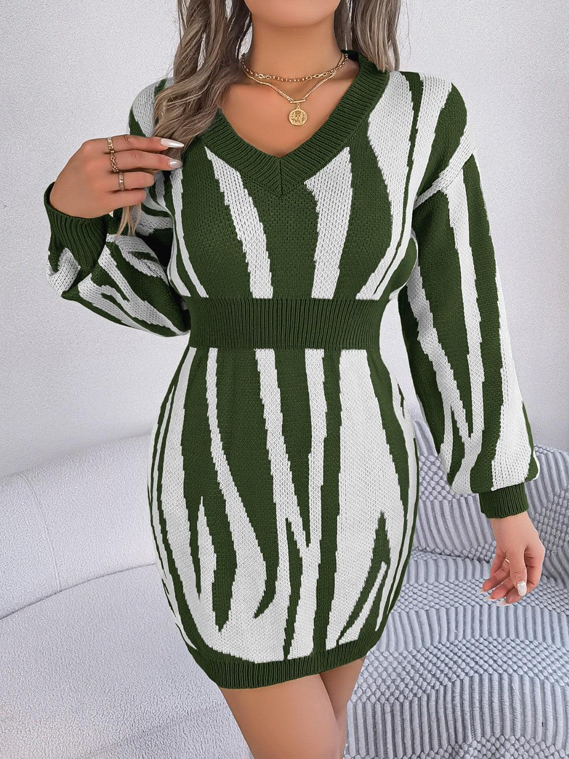 Animal Print V-Neck Long Sleeve Sweater Dress - ClubOn