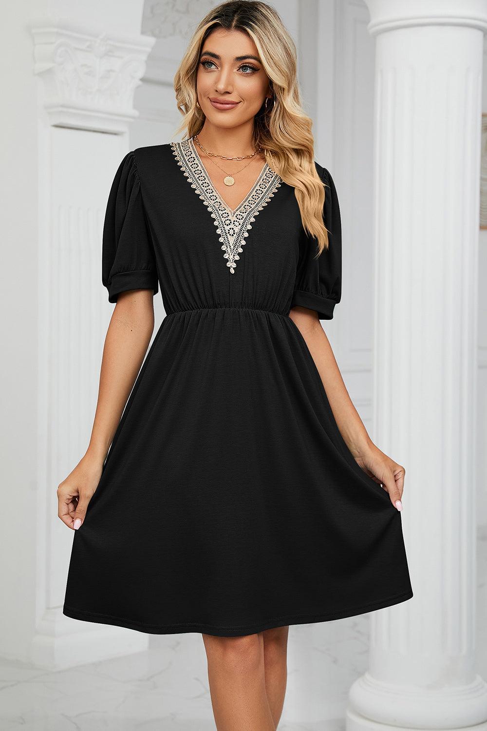 V-Neck Puff Sleeve Dress - ClubOn