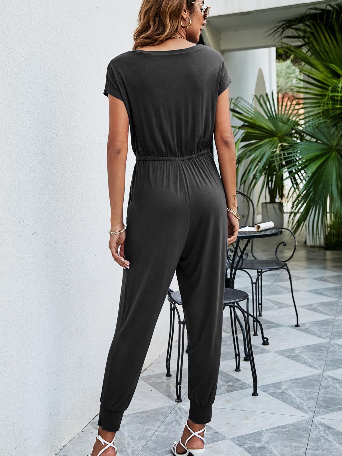 Drawstring Waist Short Sleeve Jogger Jumpsuit - ClubOn