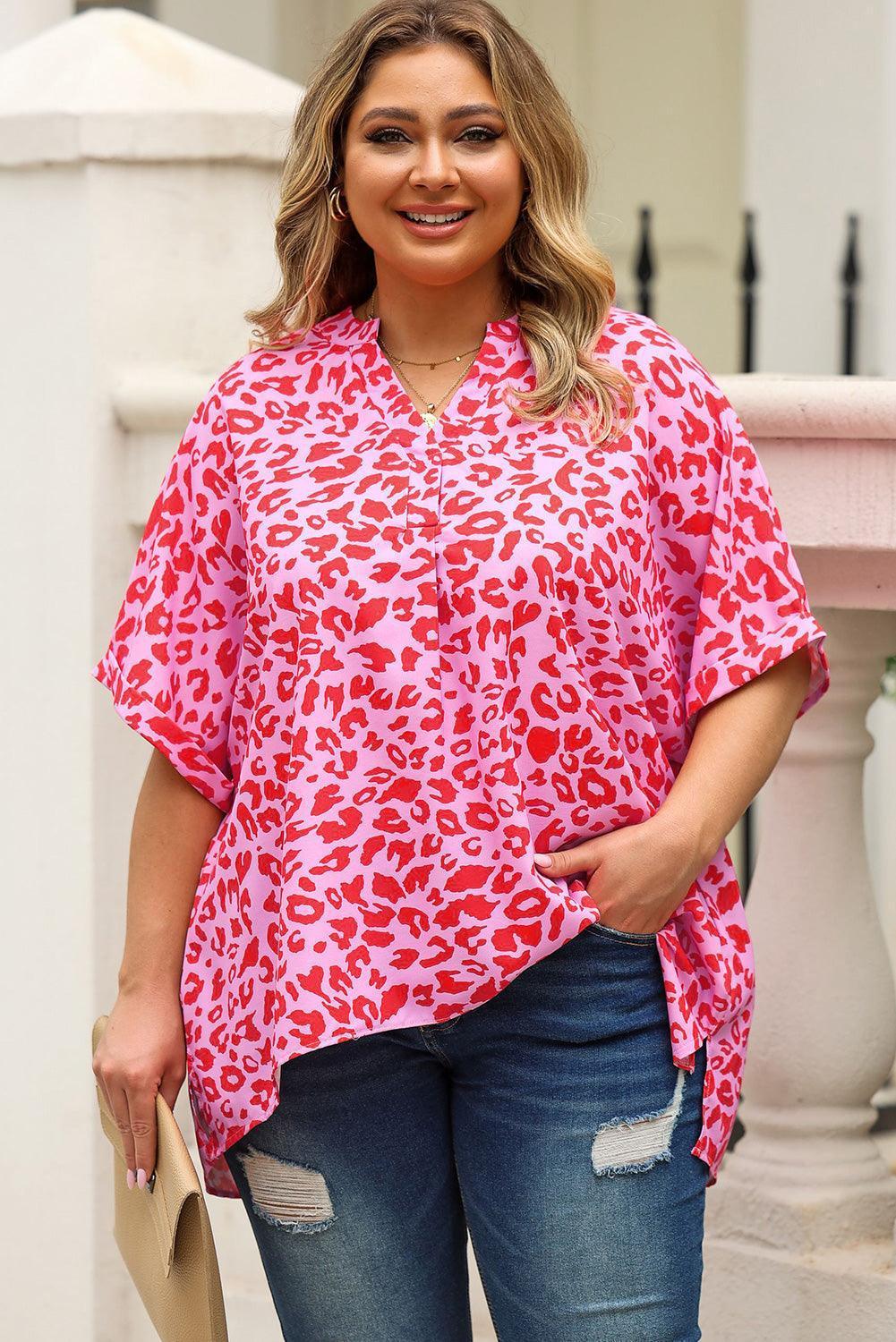 Plus Size Printed Notched Neck Half Sleeve Top - ClubOn