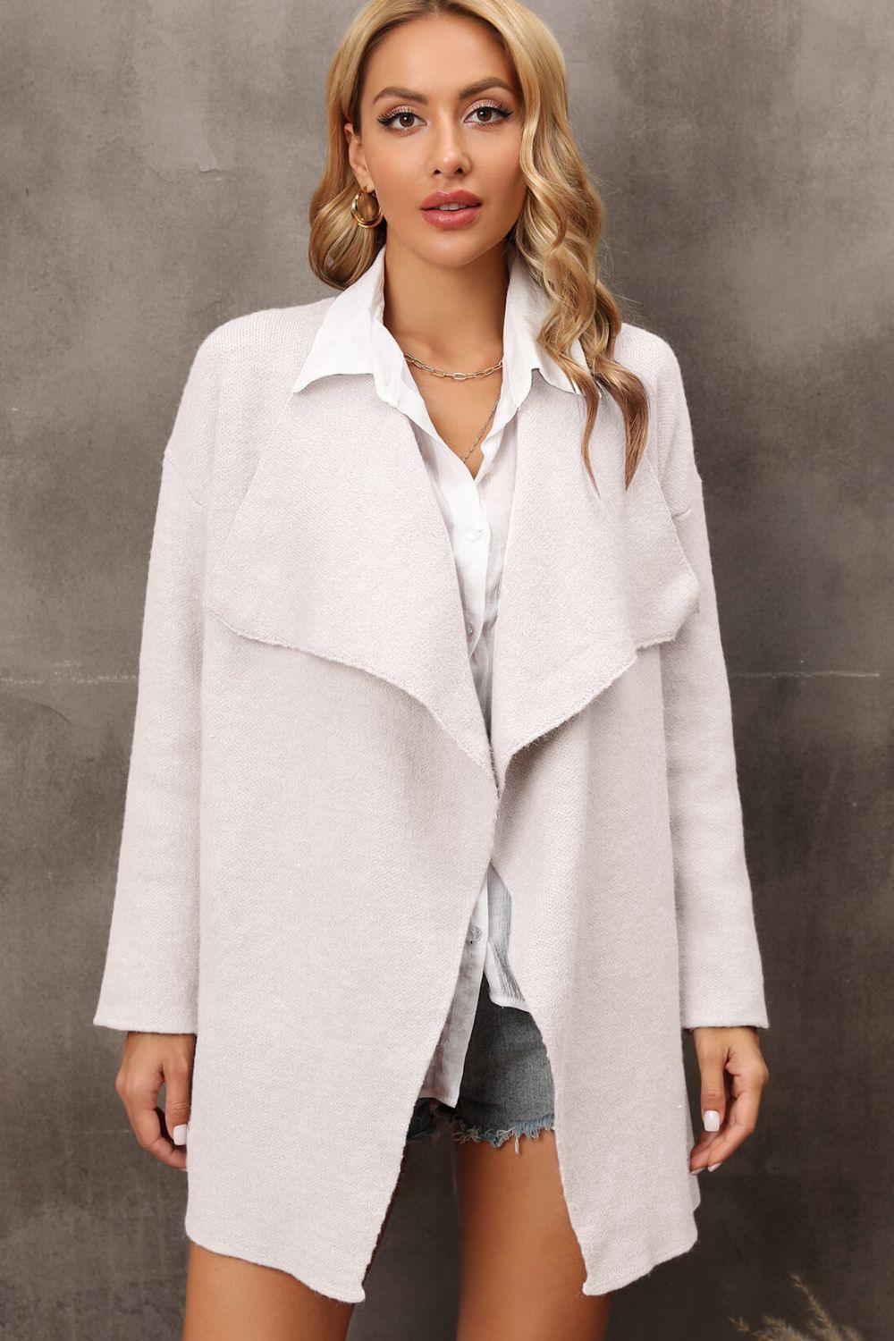 Angel Wings Waterfall Collar Longline Cardigan with Side Pockets - ClubOn