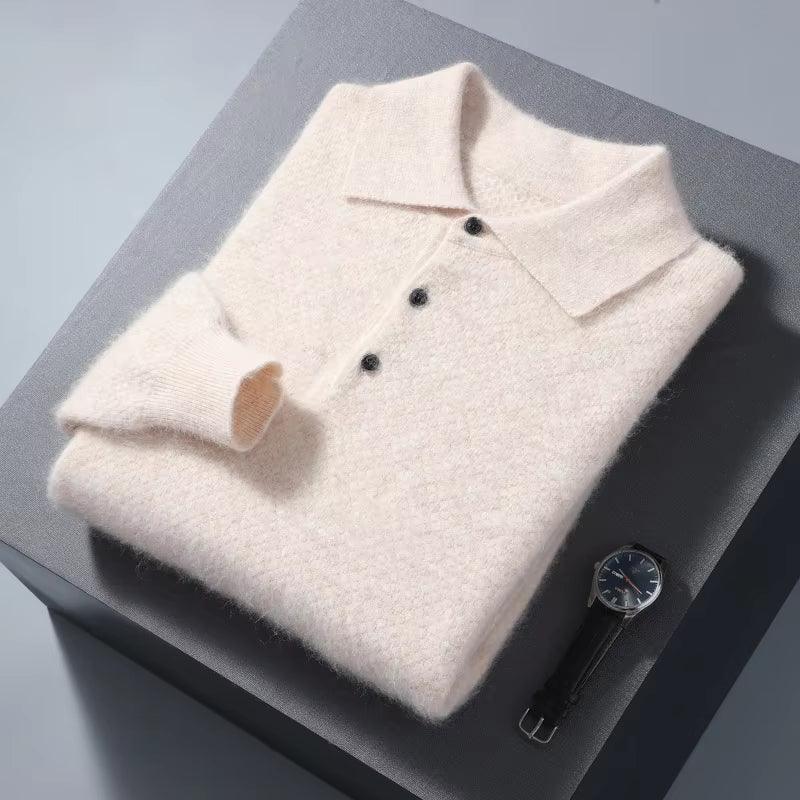 Men's 100% Mink Cashmere Sweater - Polo-Neck Casual Knit Pullover - ClubOn