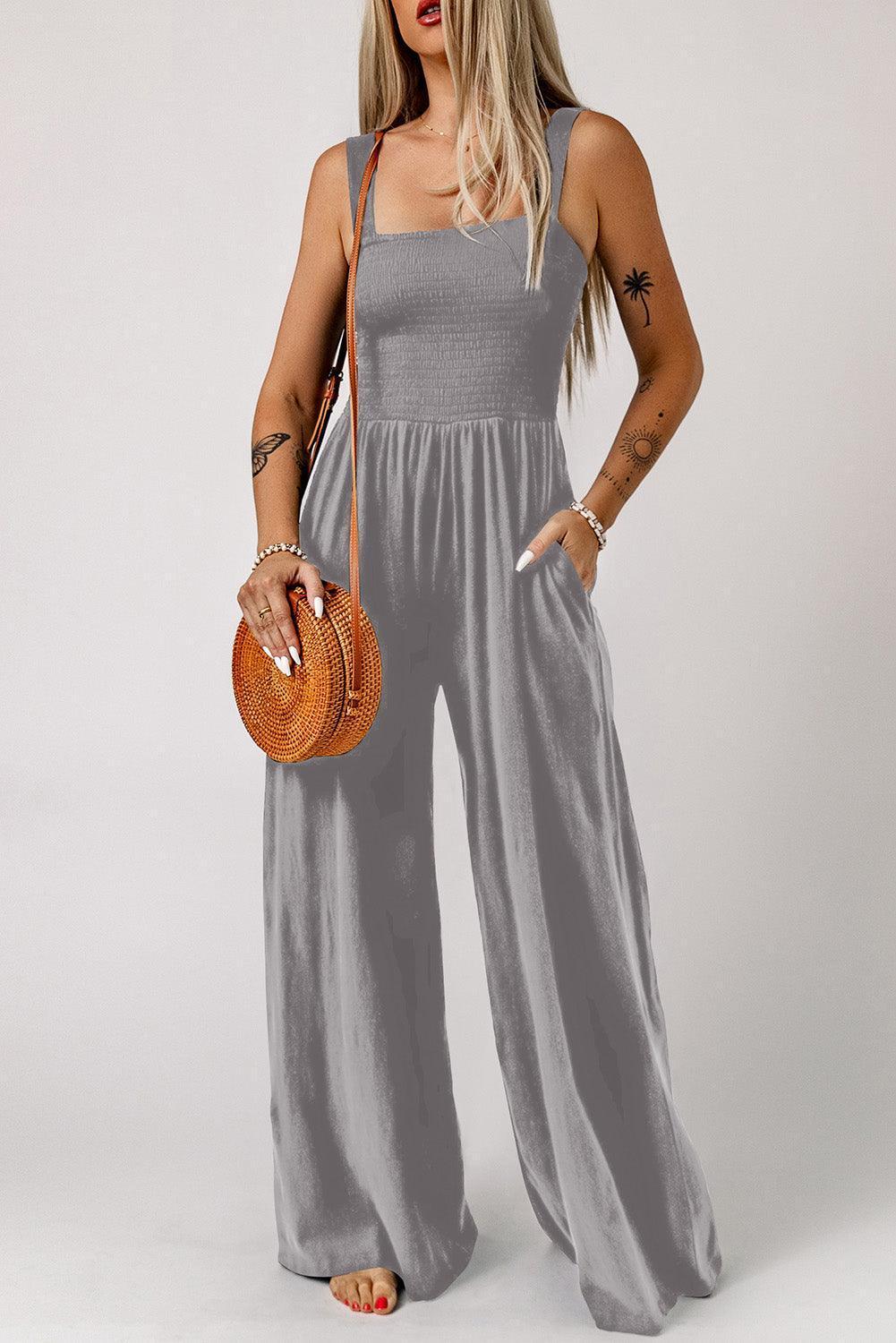 Smocked Square Neck Wide Leg Jumpsuit with Pockets - ClubOn