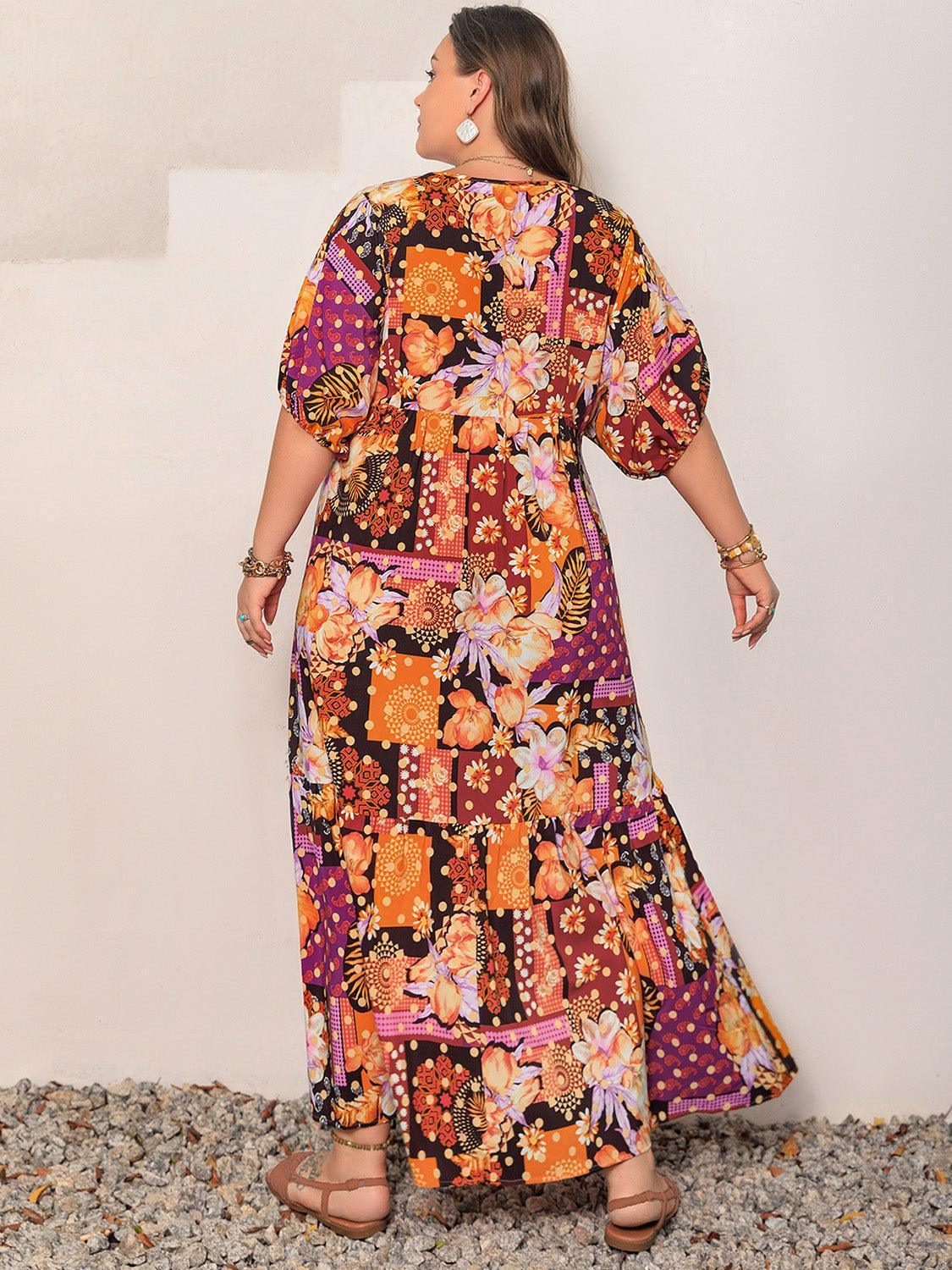 Plus Size Printed V-Neck Half Sleeve Maxi Dress - ClubOn