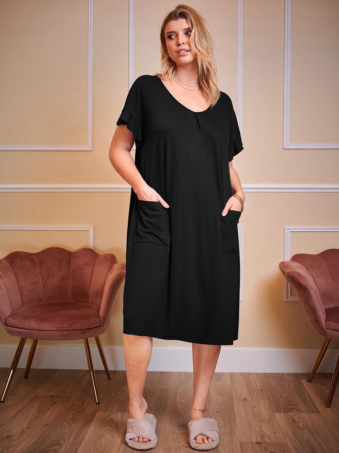 Plus Size Round Neck Short Sleeve Lounge Dress - ClubOn