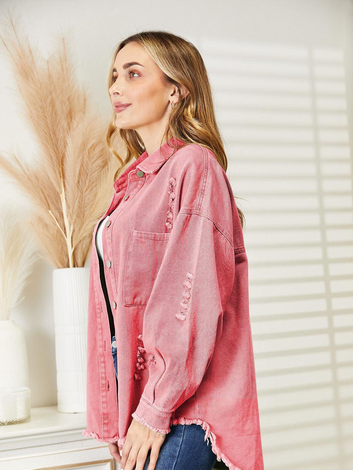 Distressed Raw Hem Denim Jacket - ClubOn