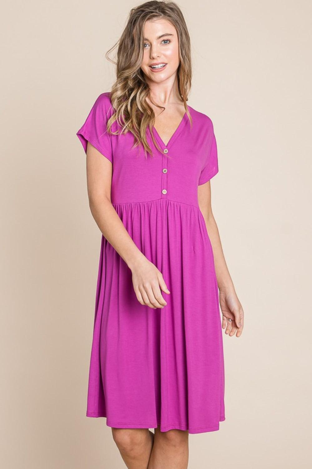 BOMBOM V-Neck Short Sleeve Dress - ClubOn