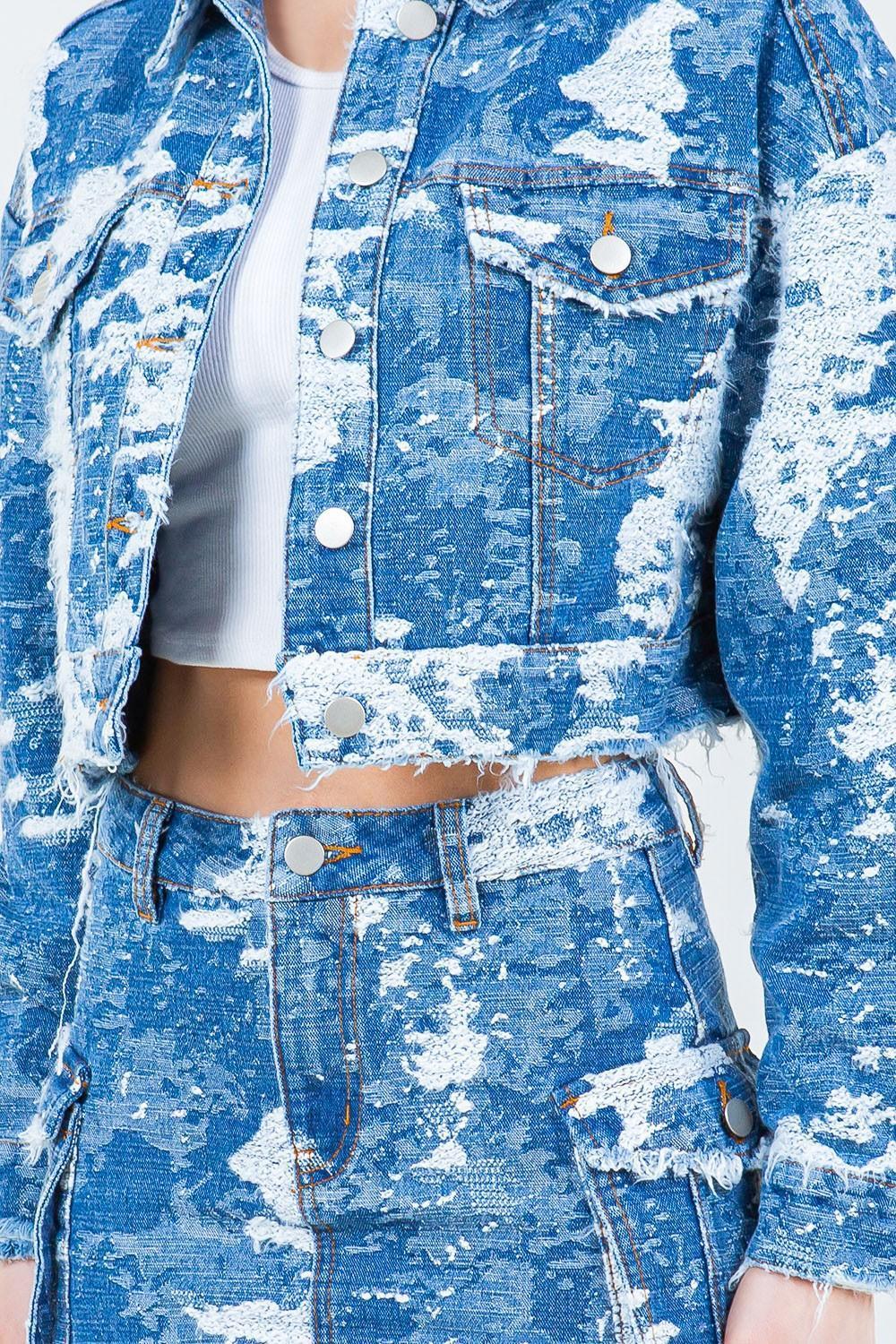 American Bazi Jacquard Trim Cropped Denim Jacket - ClubOn