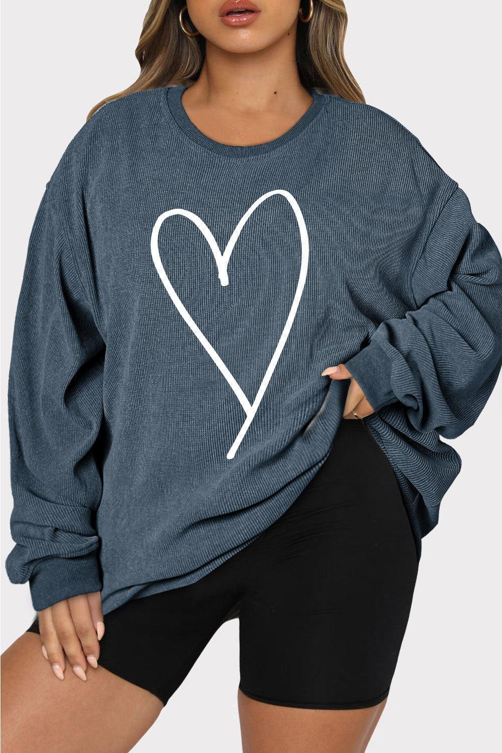 Plus Size Heart Ribbed Round Neck Sweatshirt - ClubOn