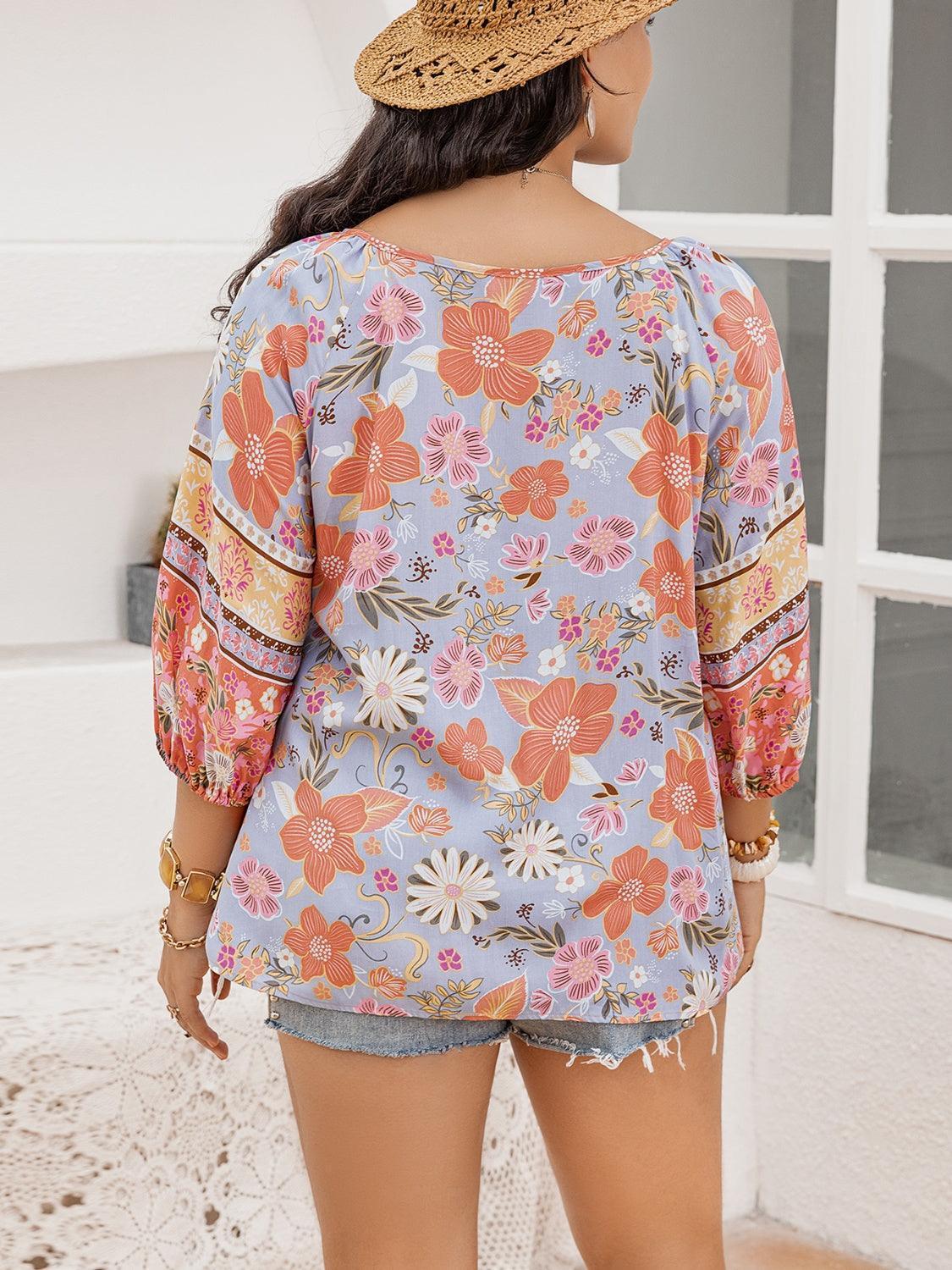 Plus Size Printed Tie Neck Balloon Sleeve Blouse - ClubOn