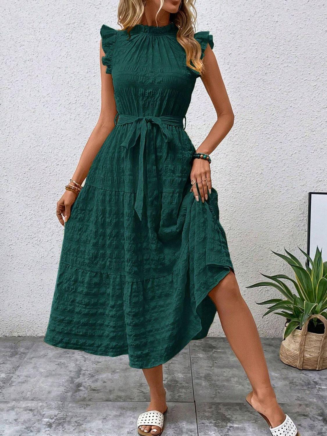 Tied Ruffled Cap Sleeve Midi Dress - ClubOn