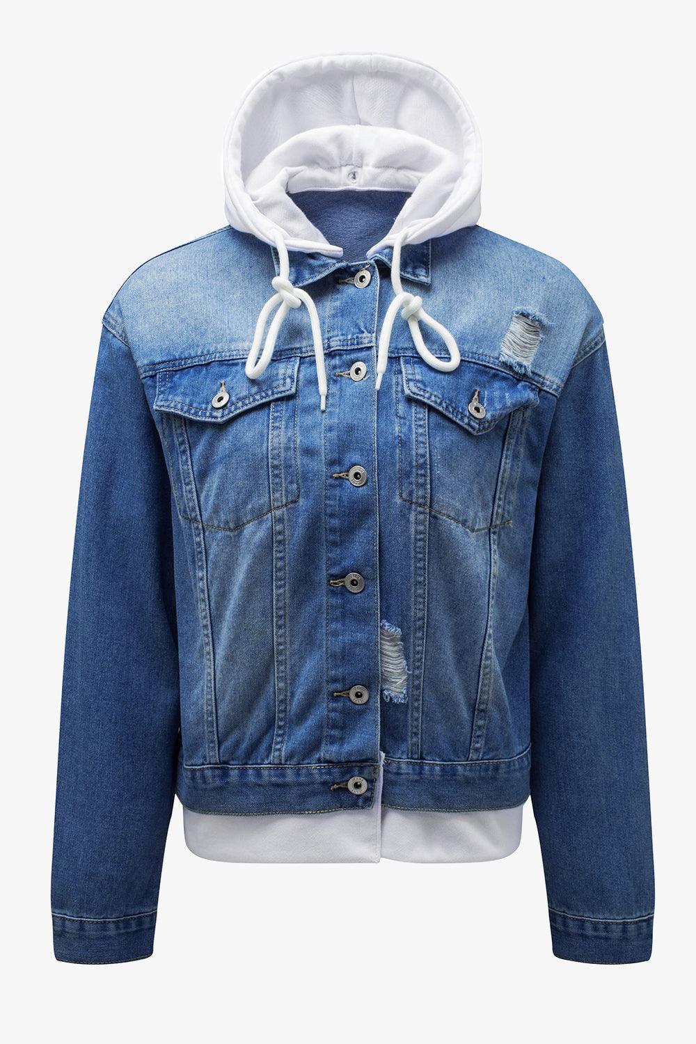 Distressed Hooded Denim Jacket - ClubOn