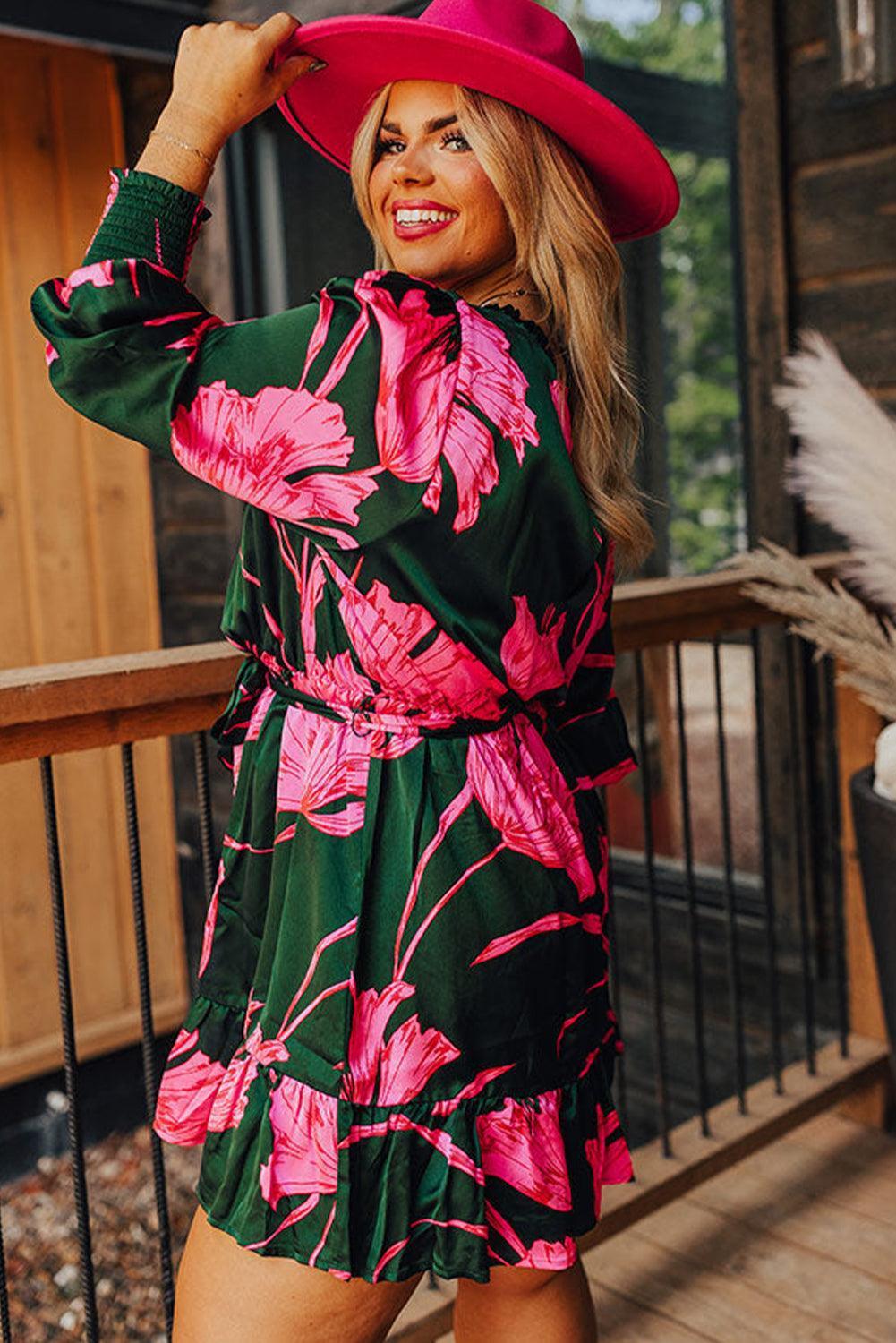 Plus Size Printed Lantern Sleeve Ruffle Hem Dress - ClubOn