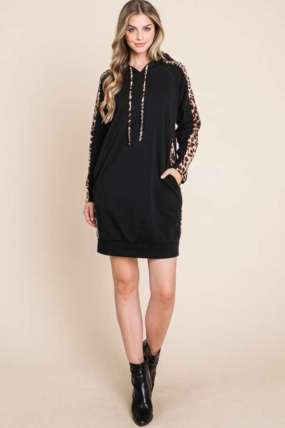 Culture Code Drawstring Leopard Long Sleeve Hooded Dress - ClubOn