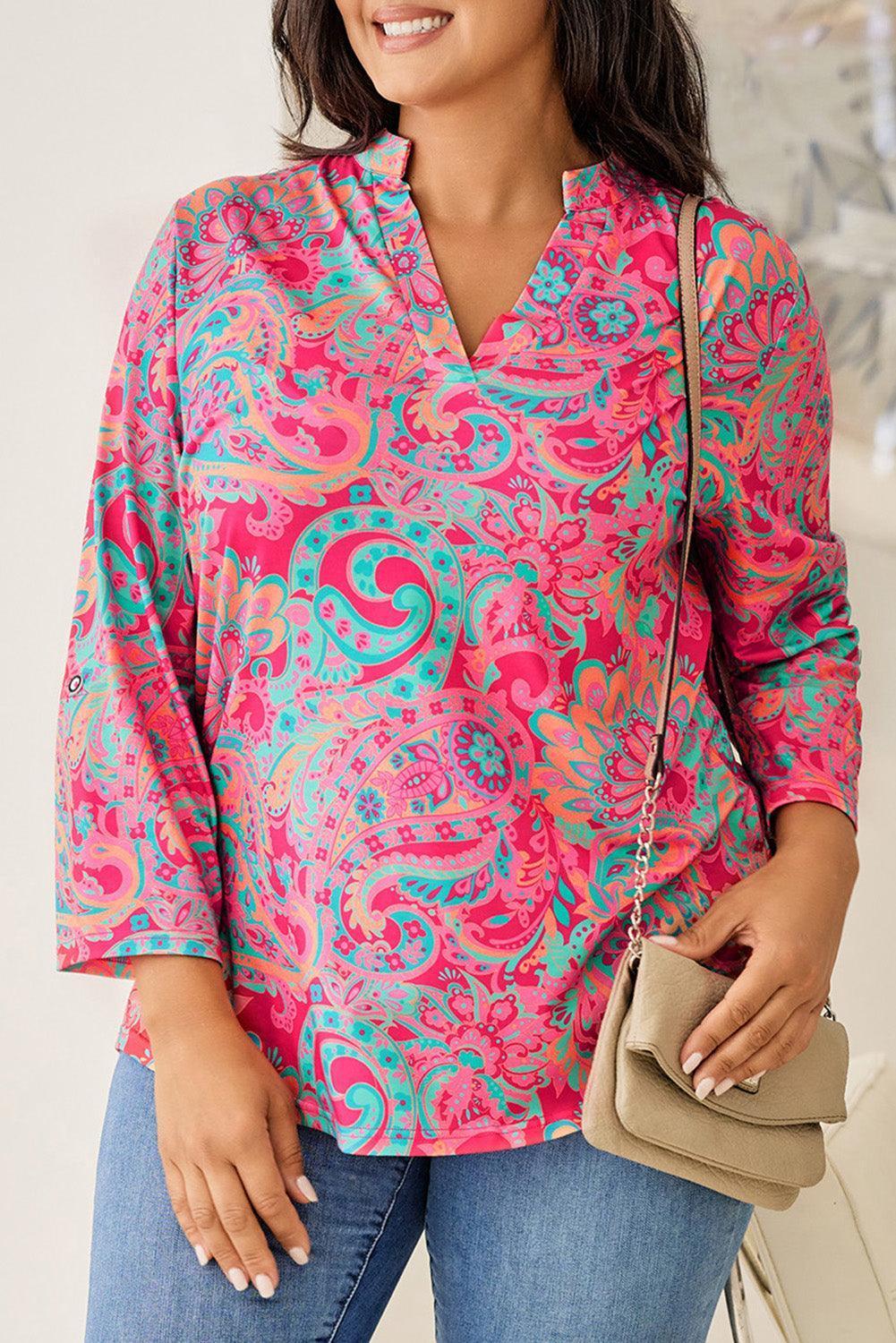 Plus Size Printed Notched Long Sleeve Blouse - ClubOn