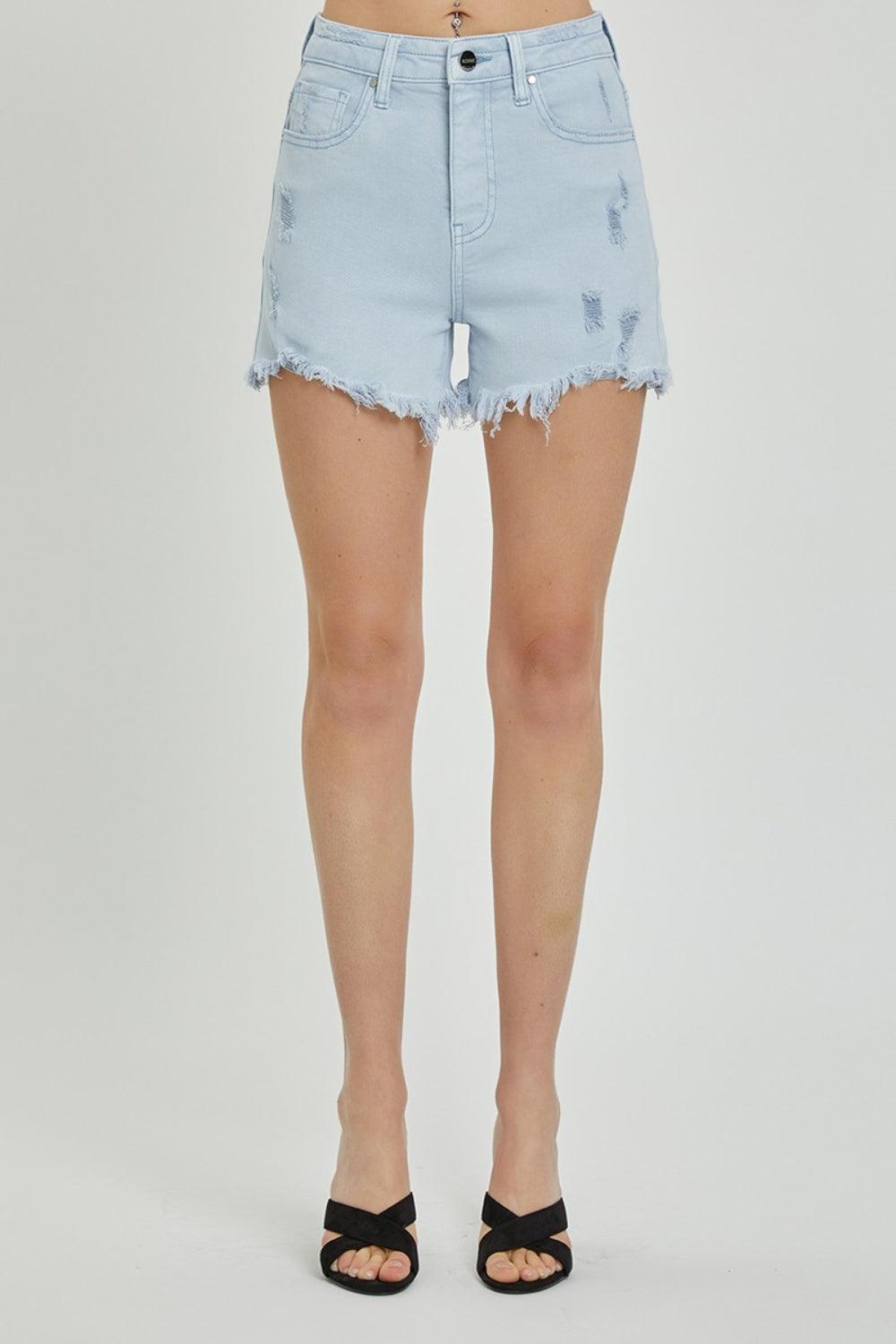 RISEN Full Size High Rise Distressed Detail Denim Shorts - ClubOn