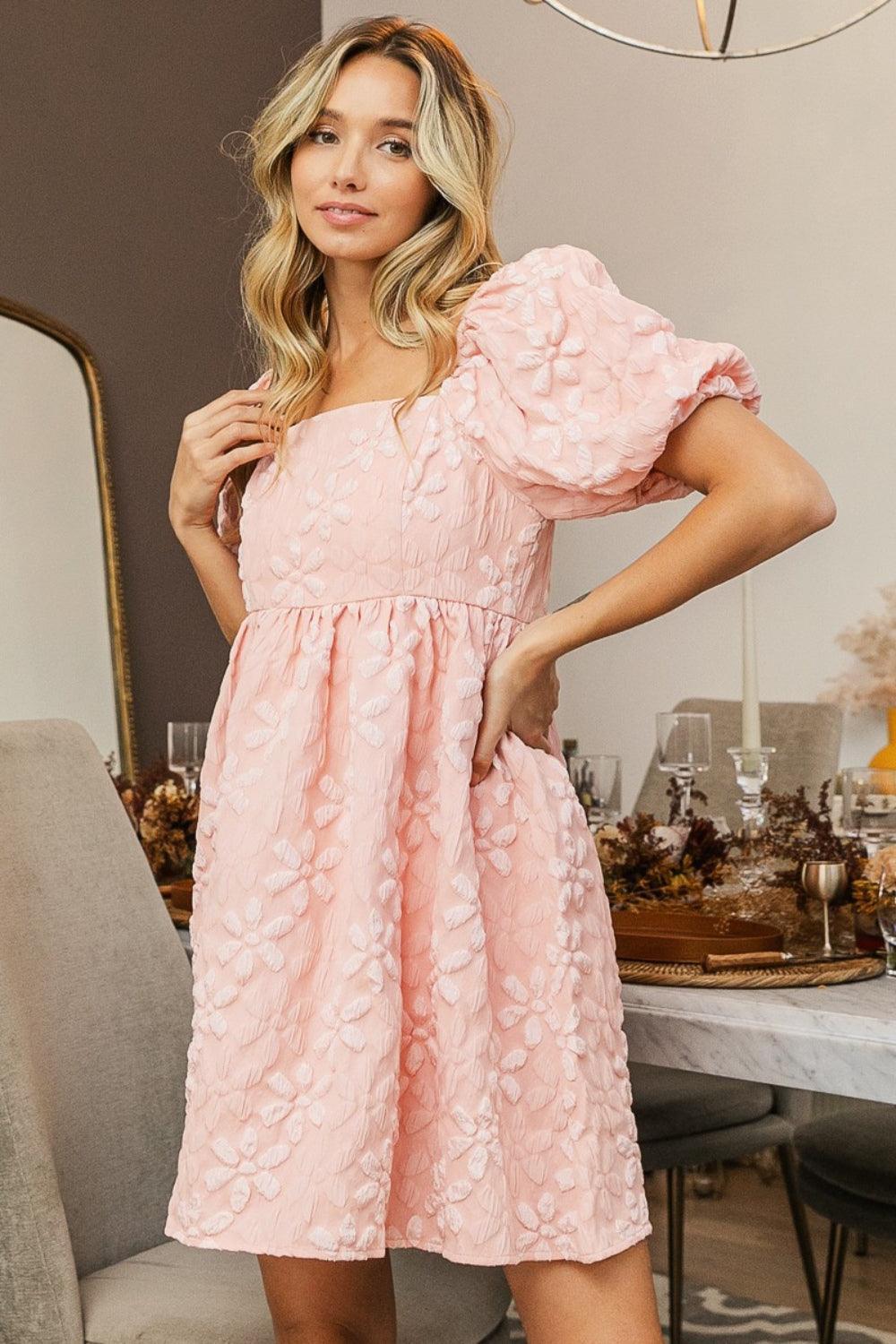 BiBi Flower Square Neck Puff Sleeve Dress - ClubOn