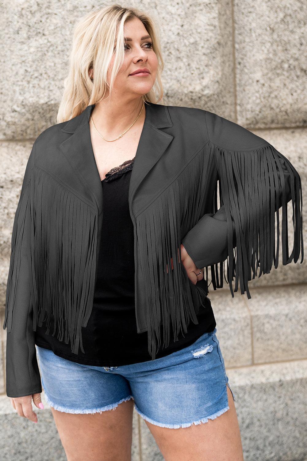 Plus Size Fringe Open Front Jacket - ClubOn