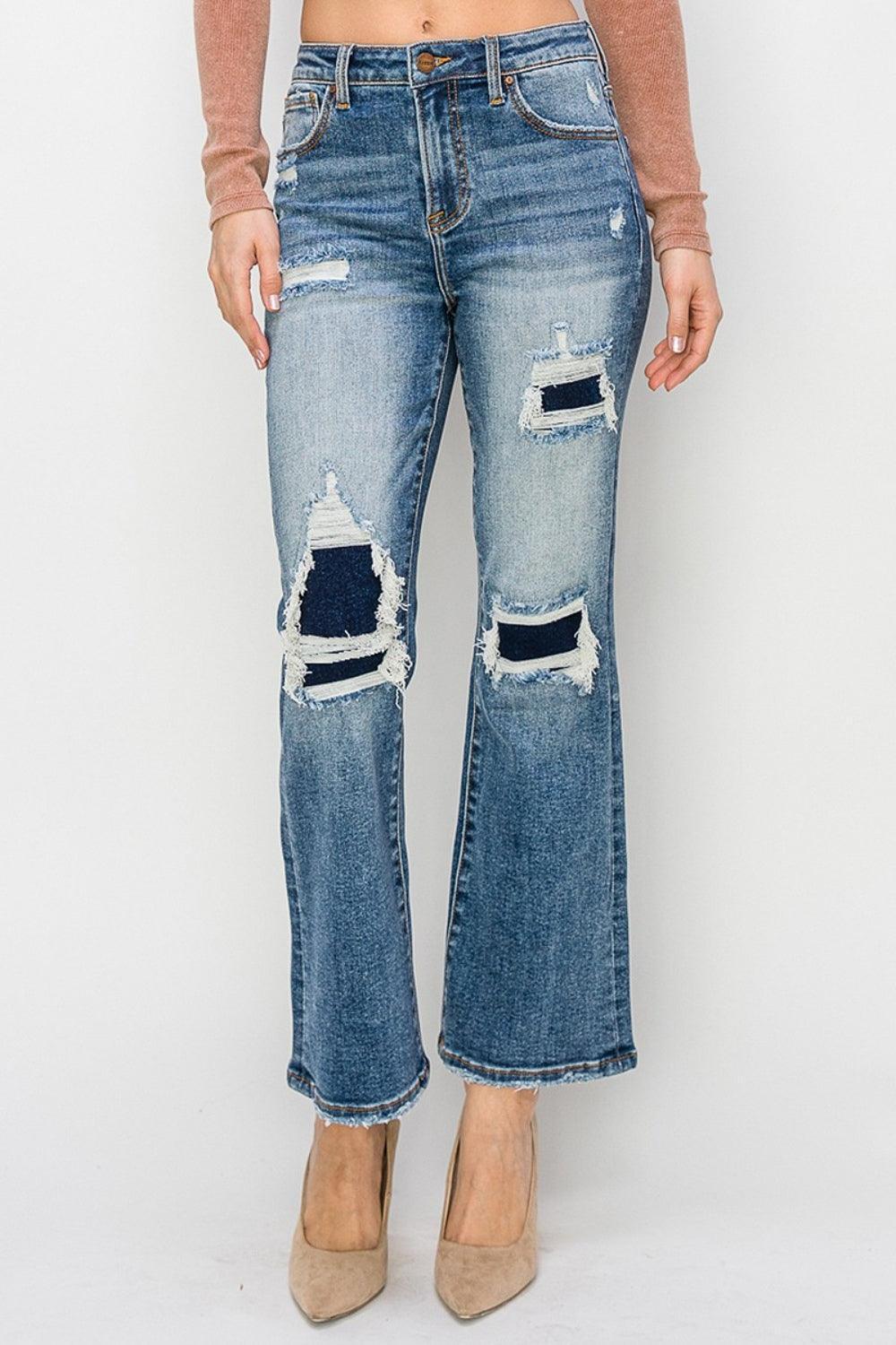Risen Full Size High Rise Distressed Ankle Flare Jeans - ClubOn