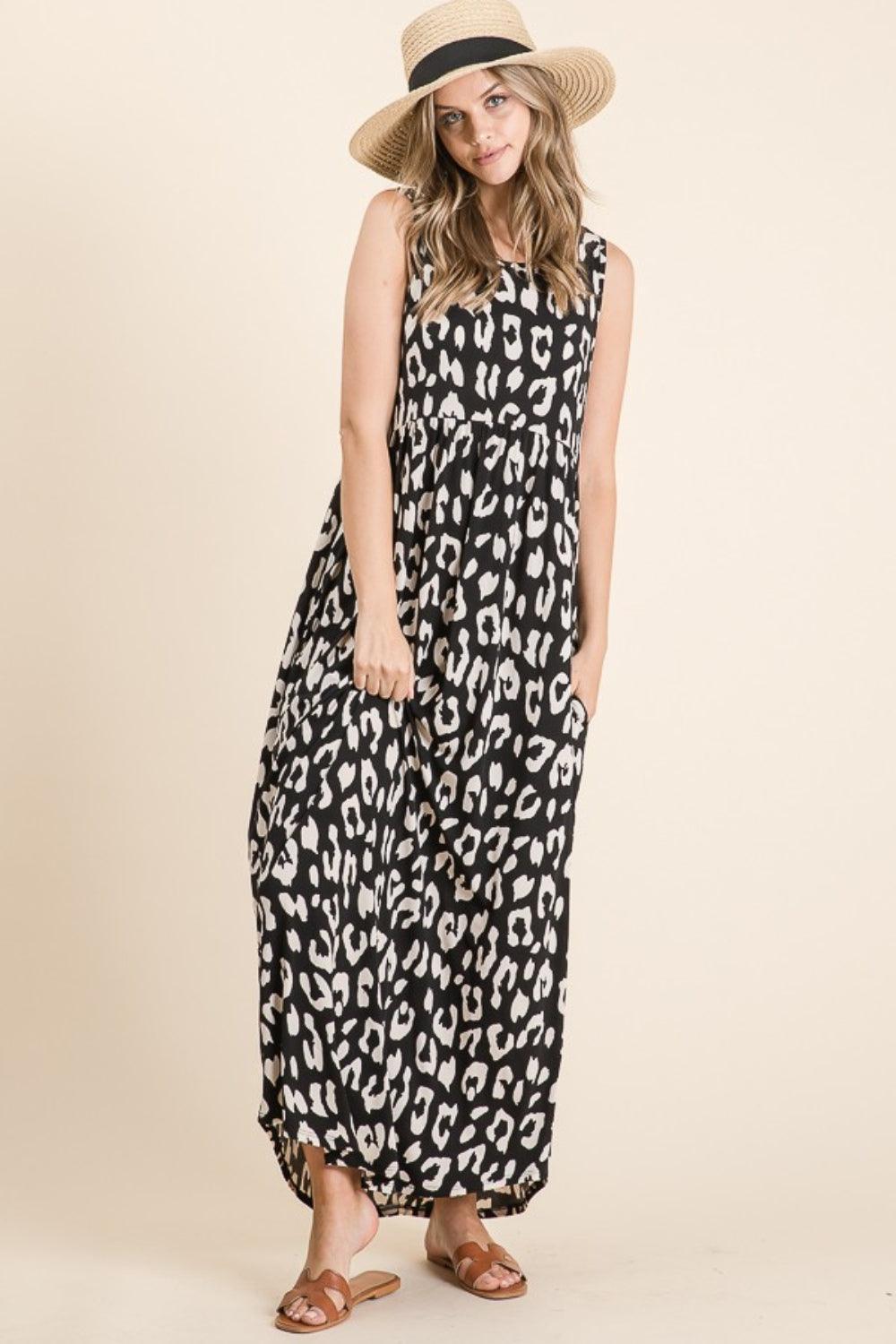 BOMBOM Leopard Maxi Dress with Pockets - ClubOn