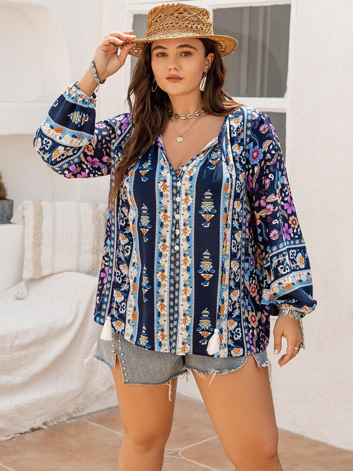 Plus Size Tie Neck Tassel Printed Blouse - ClubOn