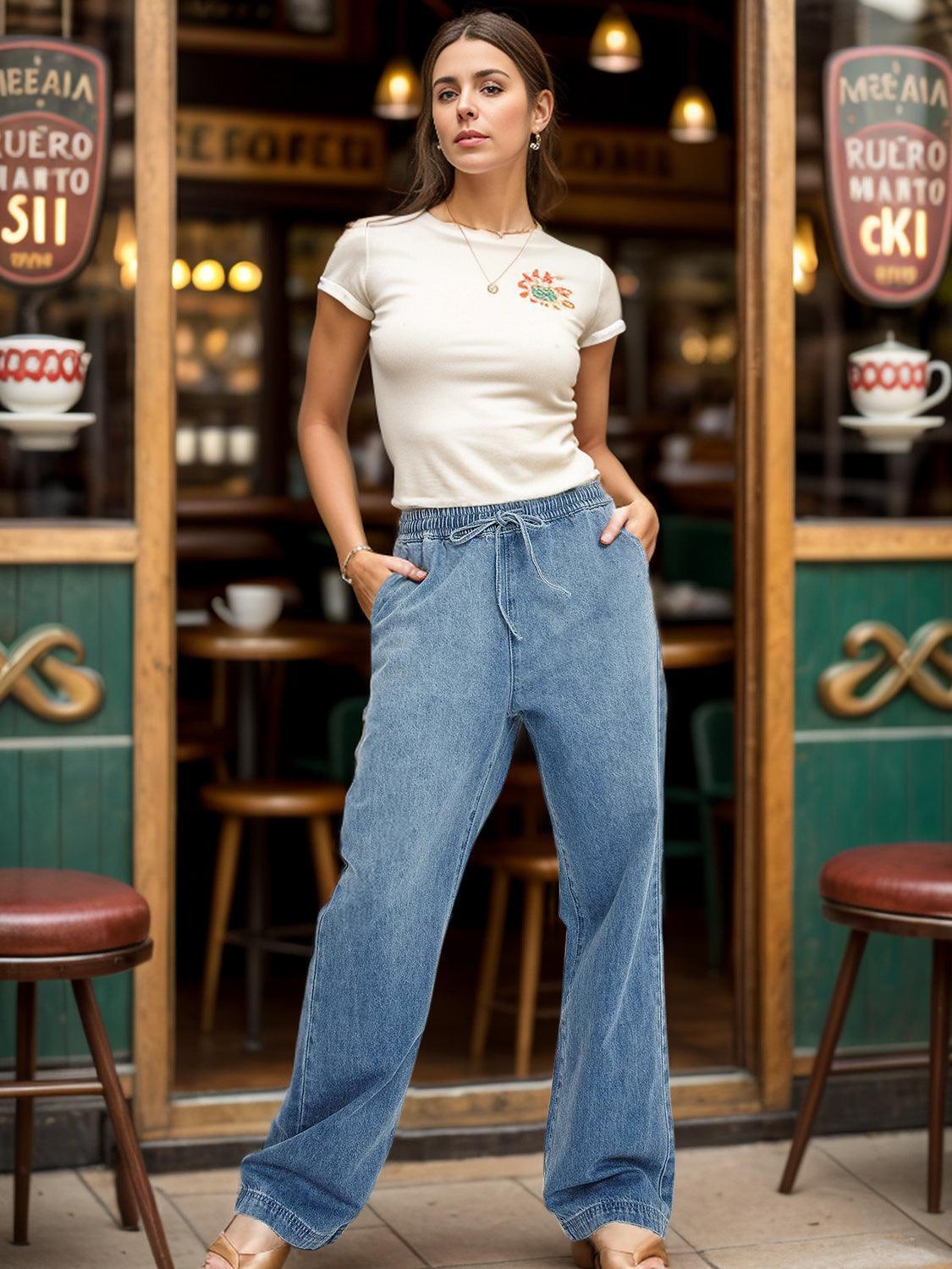 Drawstring Straight Jeans with Pockets - ClubOn