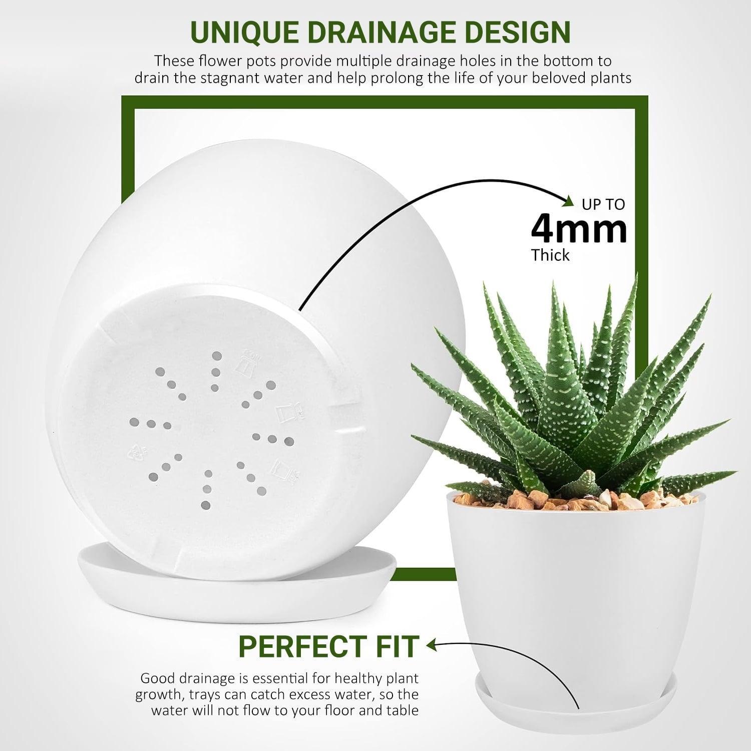 FOUKUS Set of 5 White Plastic Plant Pots with Drainage Holes & Tray - Eco-Friendly Indoor/Outdoor Planters for Succulents, Cactus, Snake Plants - ClubOn