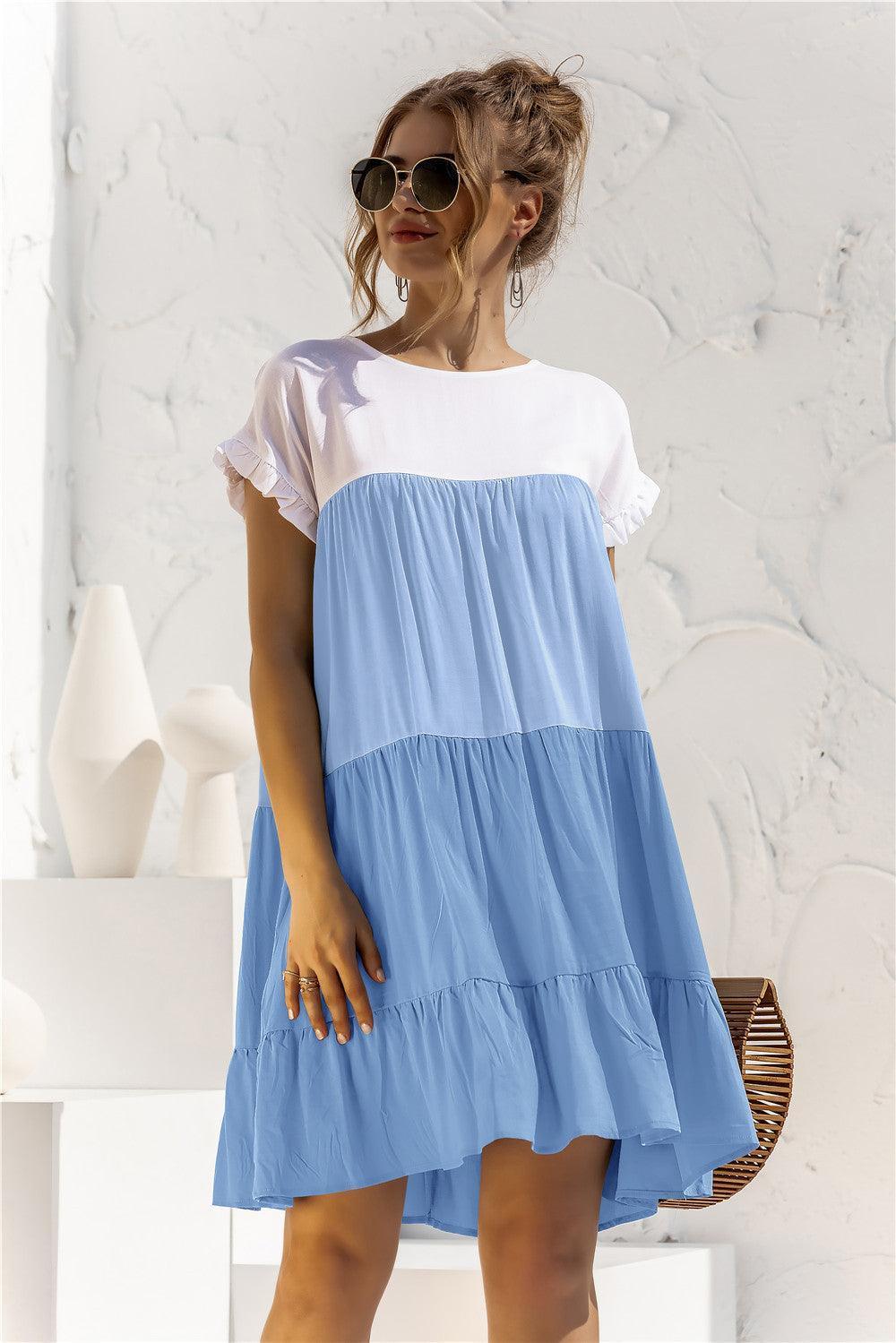 Color Block Round Neck Ruffle Hem Dress - ClubOn