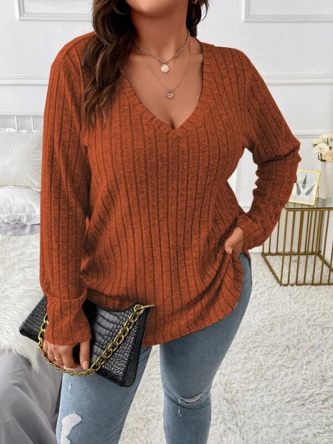 Plus Size V-Neck Long Sleeve T-Shirt - ClubOn