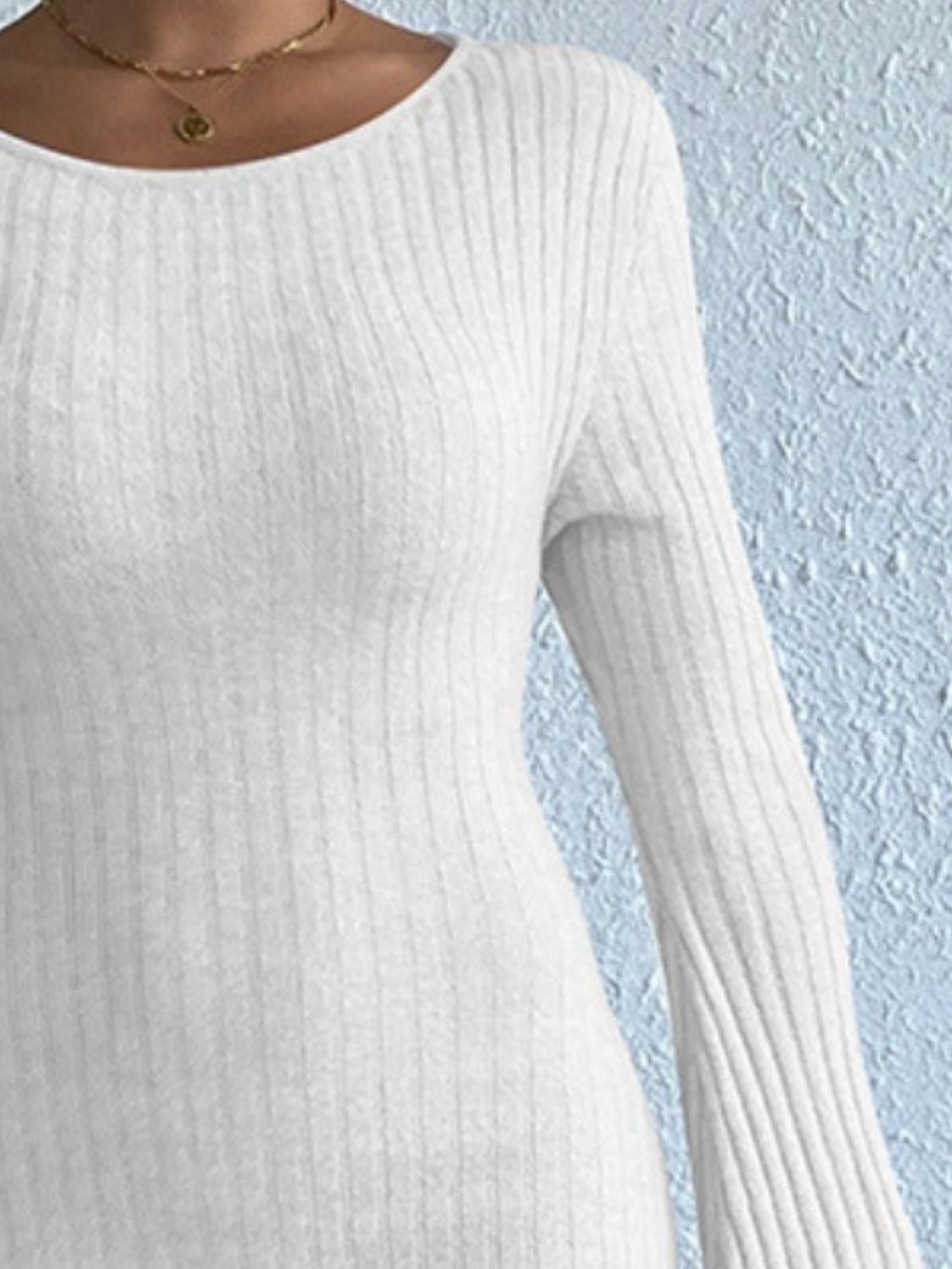 Backless Round Neck Long Sleeve Sweater Dress - ClubOn